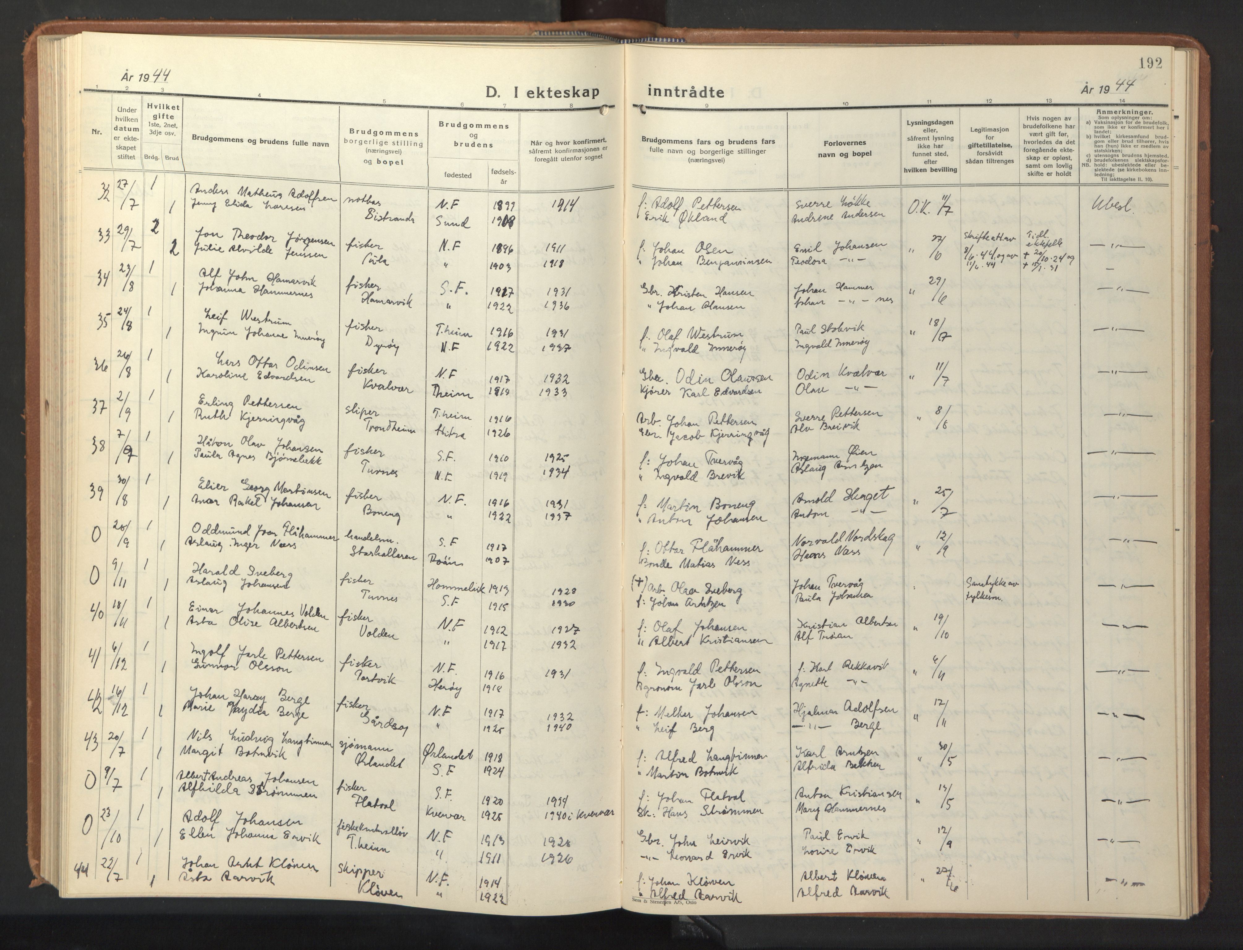 Ministerialprotokoller, klokkerbøker og fødselsregistre - Sør-Trøndelag, SAT/A-1456/640/L0590: Parish register (copy) no. 640C07, 1935-1948, p. 192