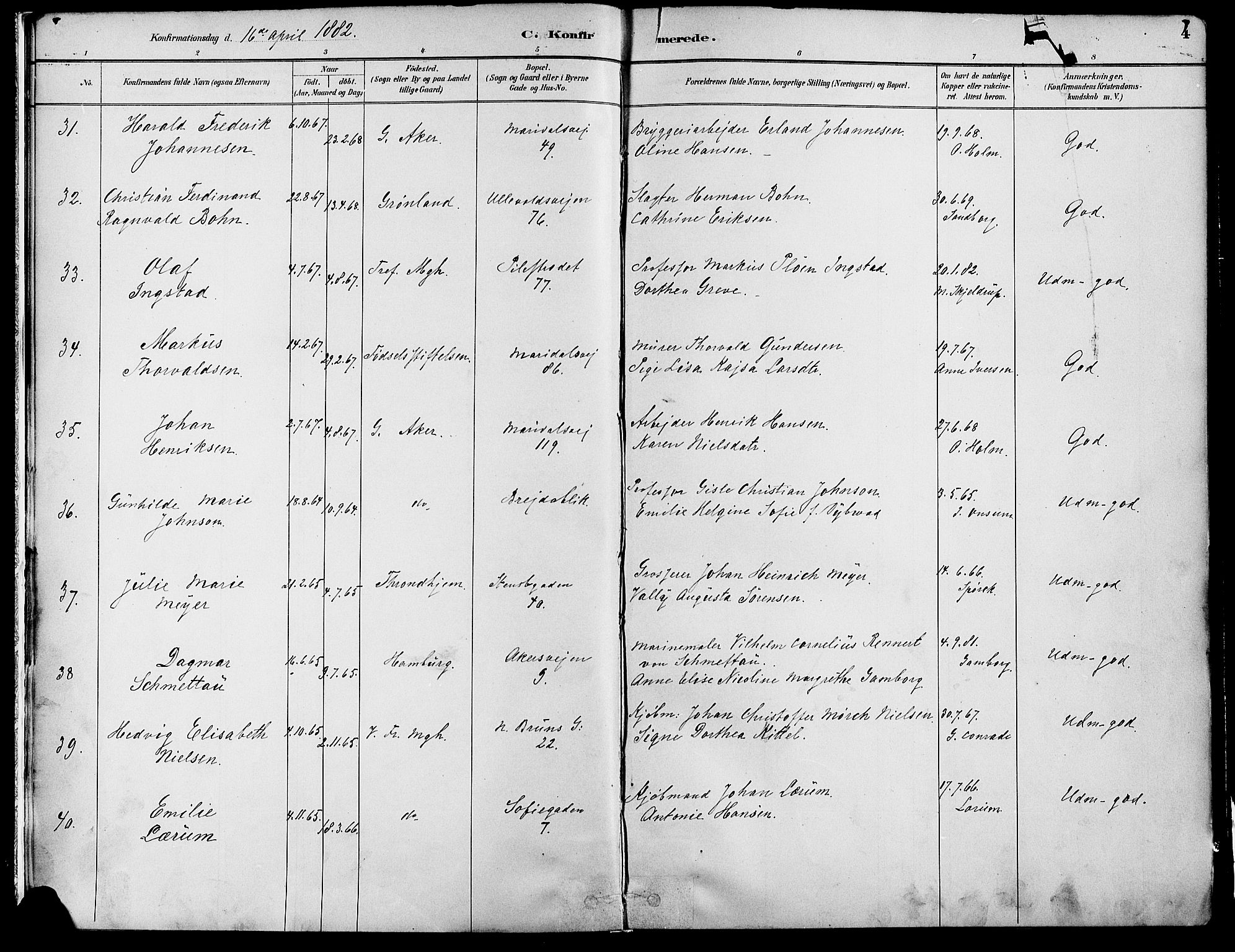 Gamle Aker prestekontor Kirkebøker, SAO/A-10617a/F/L0007: Parish register (official) no. 7, 1882-1890, p. 4