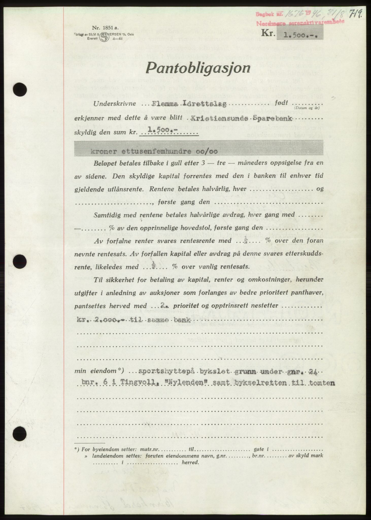 Nordmøre sorenskriveri, AV/SAT-A-4132/1/2/2Ca: Mortgage book no. B94, 1946-1946, Diary no: : 1676/1946