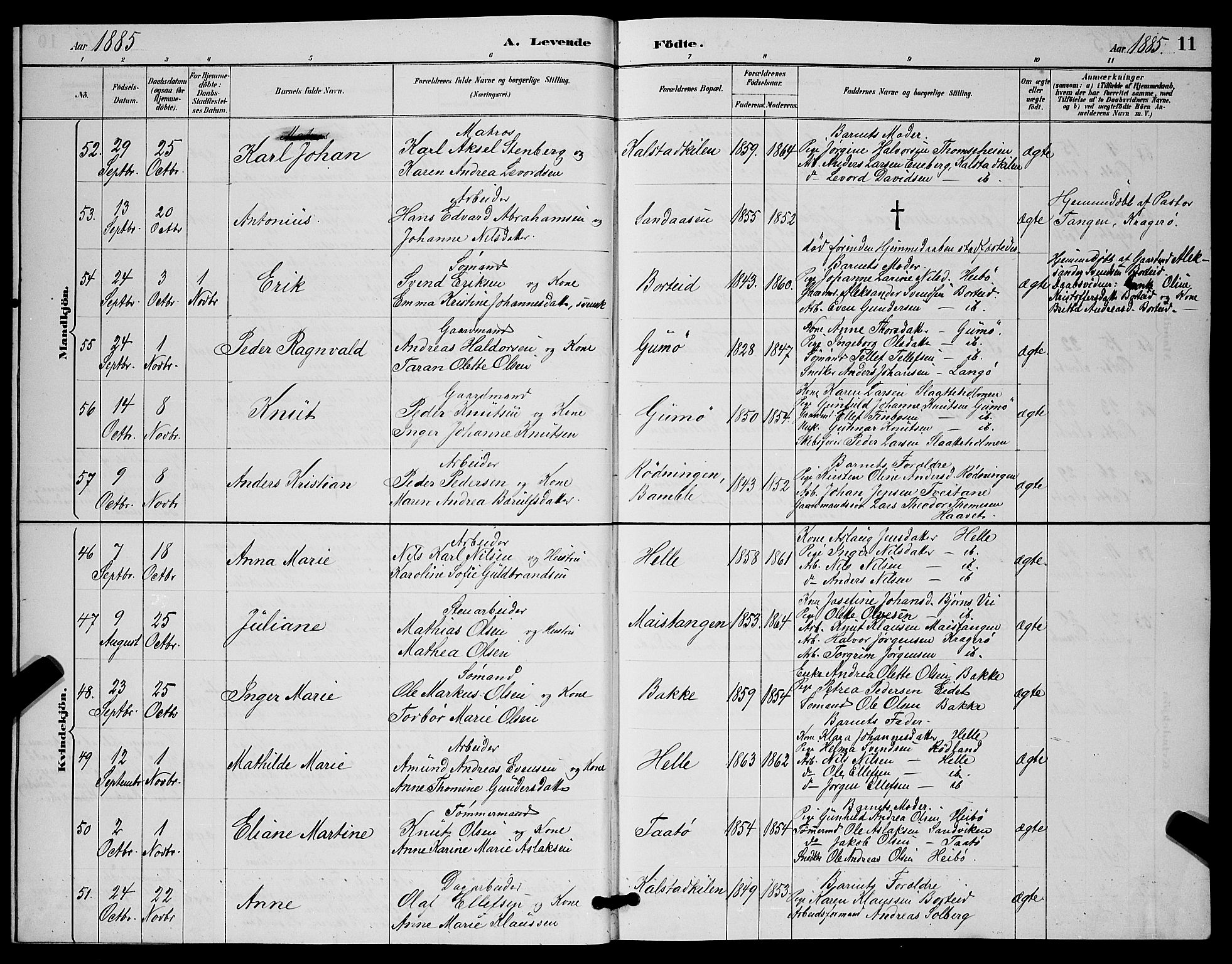 Skåtøy kirkebøker, SAKO/A-304/G/Ga/L0003: Parish register (copy) no. I 3, 1884-1898, p. 11
