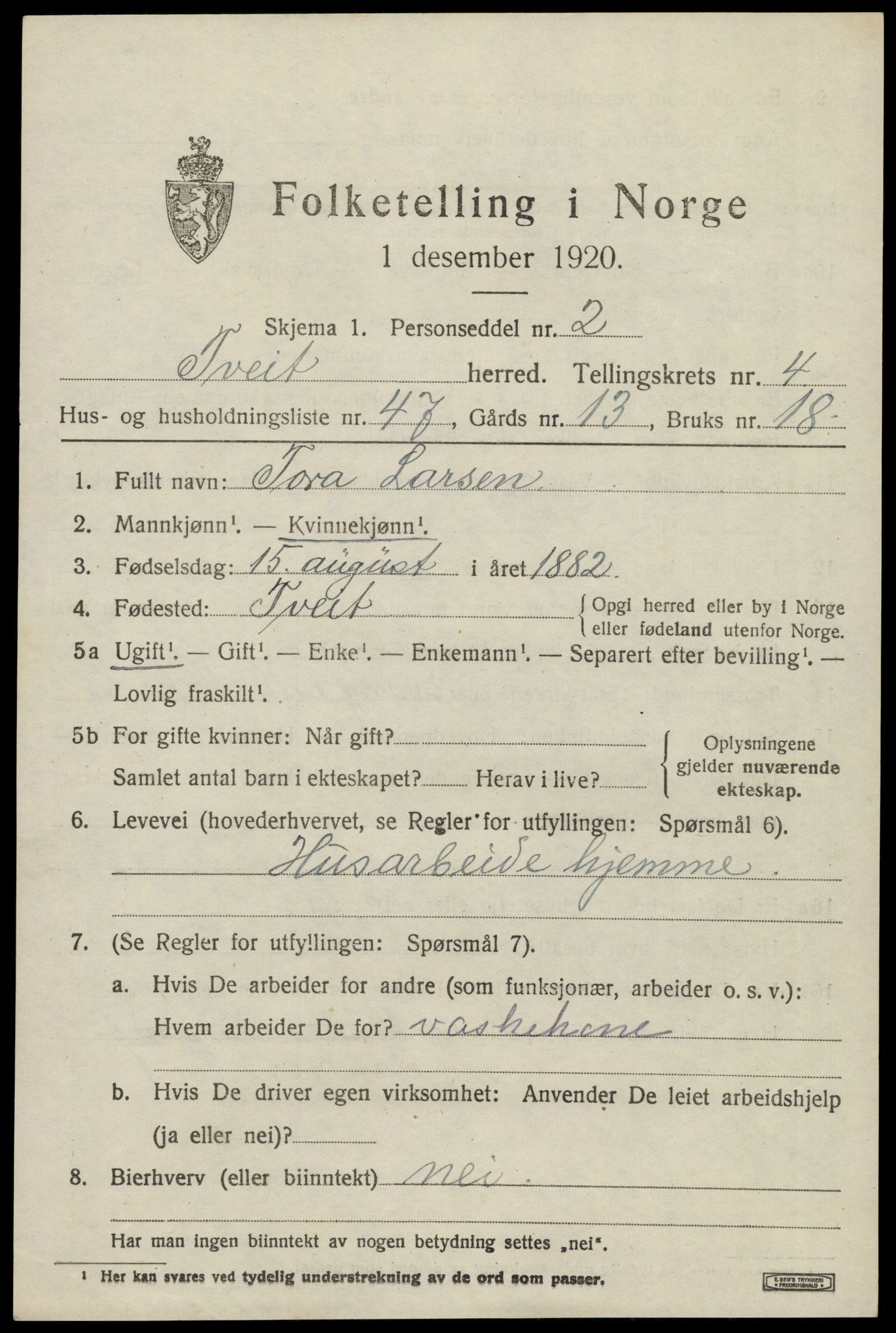 SAK, 1920 census for Tveit, 1920, p. 2418