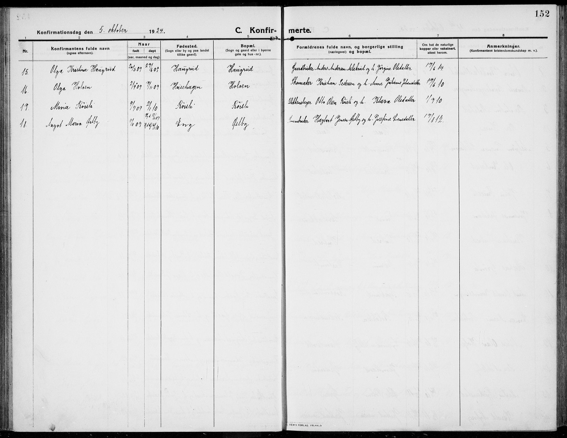 Kolbu prestekontor, SAH/PREST-110/H/Ha/Haa/L0002: Parish register (official) no. 2, 1912-1926, p. 152