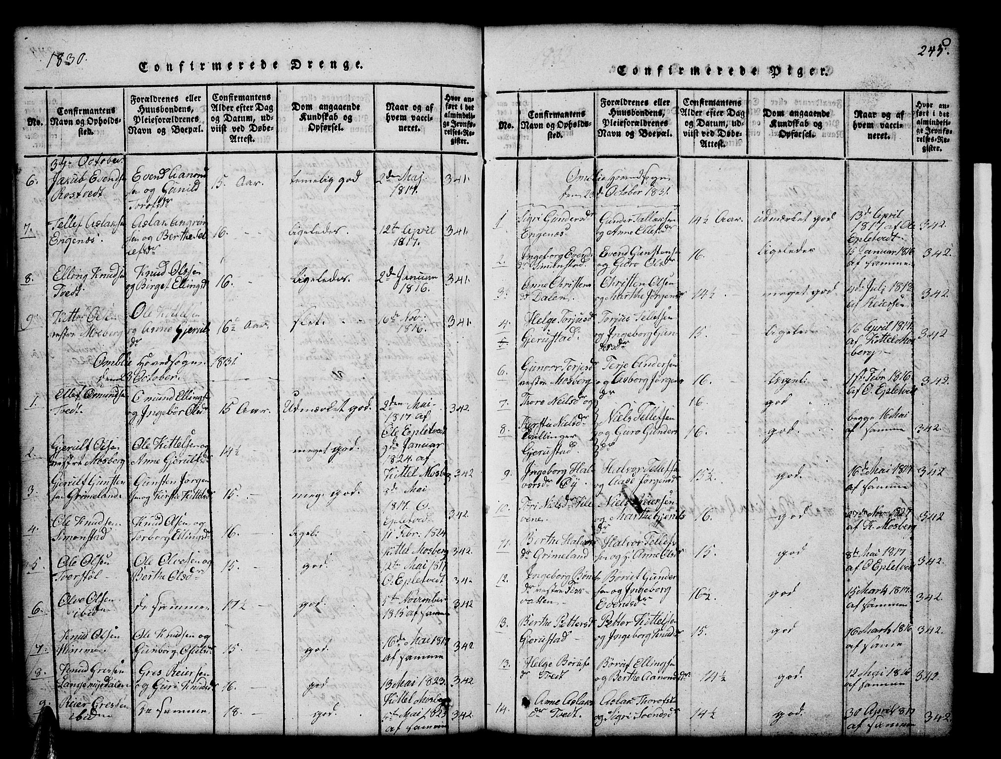 Åmli sokneprestkontor, AV/SAK-1111-0050/F/Fb/Fbc/L0001: Parish register (copy) no. B 1, 1816-1867, p. 245