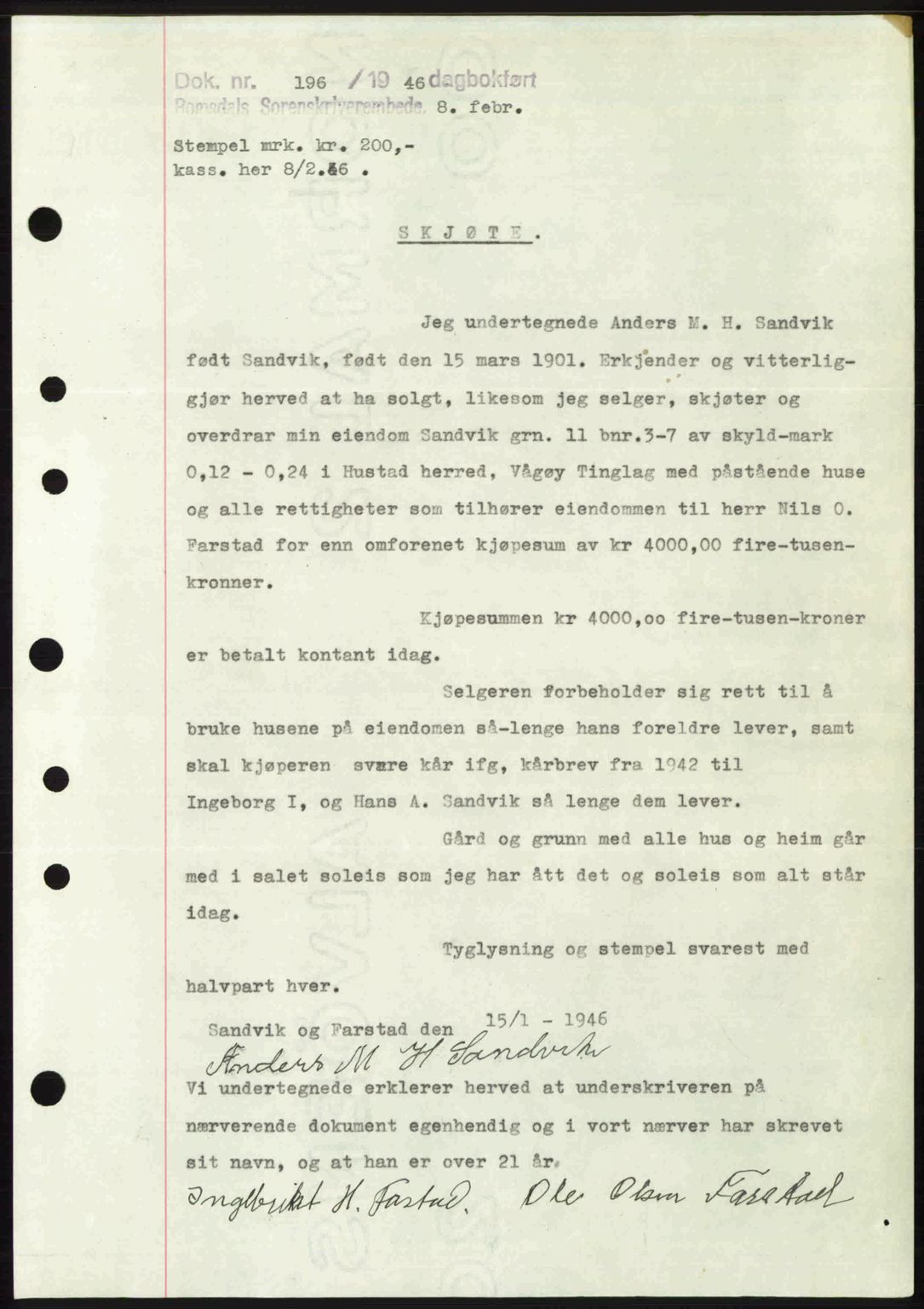 Romsdal sorenskriveri, SAT/A-4149/1/2/2C: Mortgage book no. A19, 1946-1946, Diary no: : 196/1946