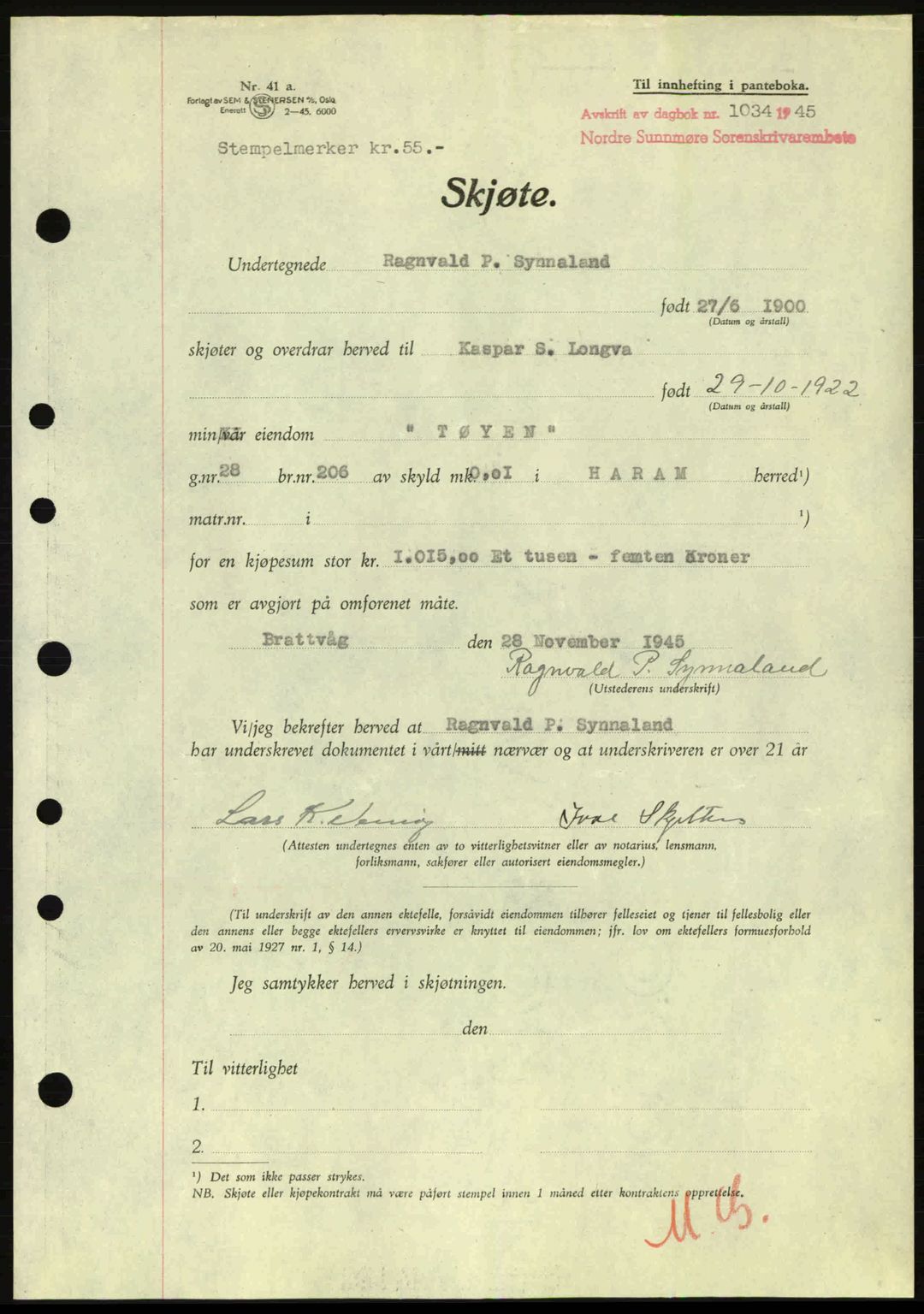 Nordre Sunnmøre sorenskriveri, AV/SAT-A-0006/1/2/2C/2Ca: Mortgage book no. A20a, 1945-1945, Diary no: : 1034/1945