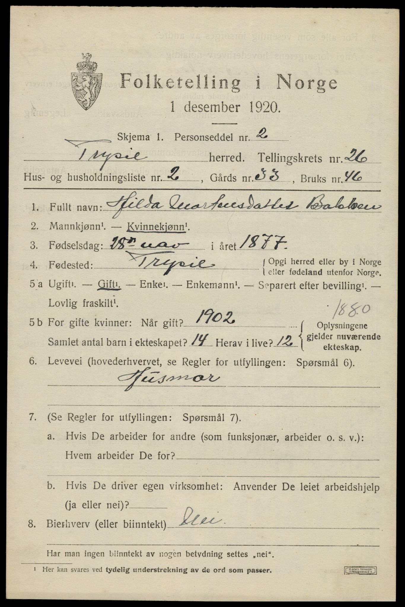 SAH, 1920 census for Trysil, 1920, p. 16119