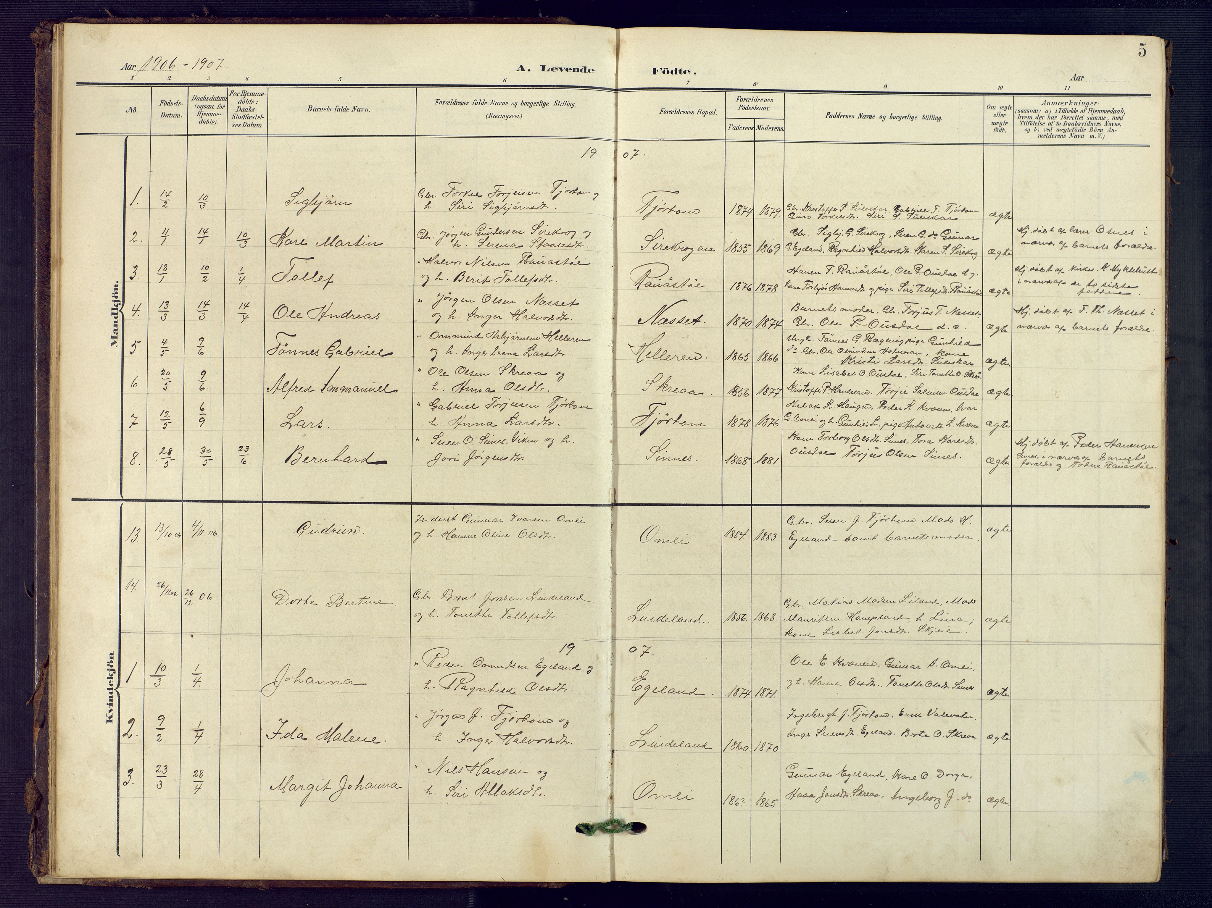 Sirdal sokneprestkontor, SAK/1111-0036/F/Fb/Fba/L0002: Parish register (copy) no. B 2, 1905-1958, p. 5
