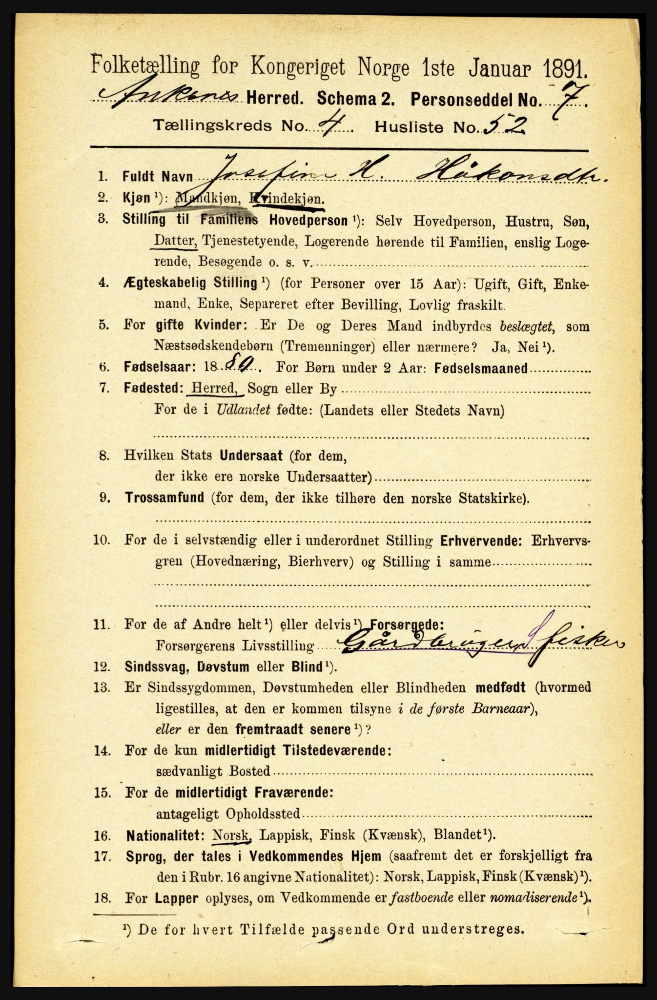 RA, 1891 census for 1855 Ankenes, 1891, p. 2664