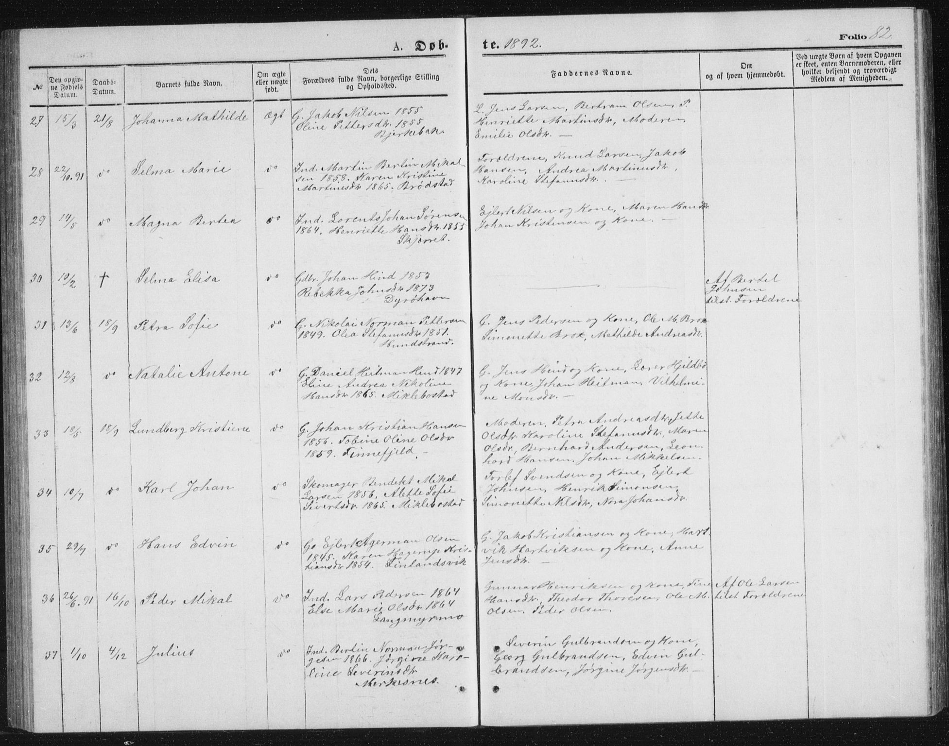 Tranøy sokneprestkontor, AV/SATØ-S-1313/I/Ia/Iab/L0013klokker: Parish register (copy) no. 13, 1874-1896, p. 82