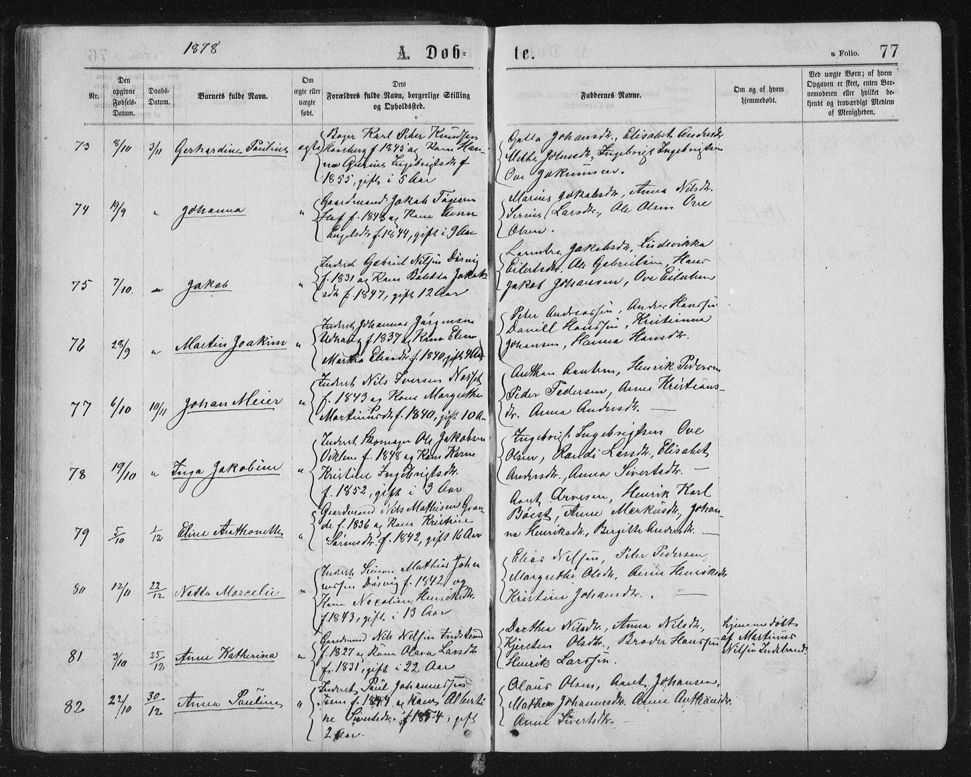 Ministerialprotokoller, klokkerbøker og fødselsregistre - Sør-Trøndelag, SAT/A-1456/659/L0745: Parish register (copy) no. 659C02, 1869-1892, p. 77