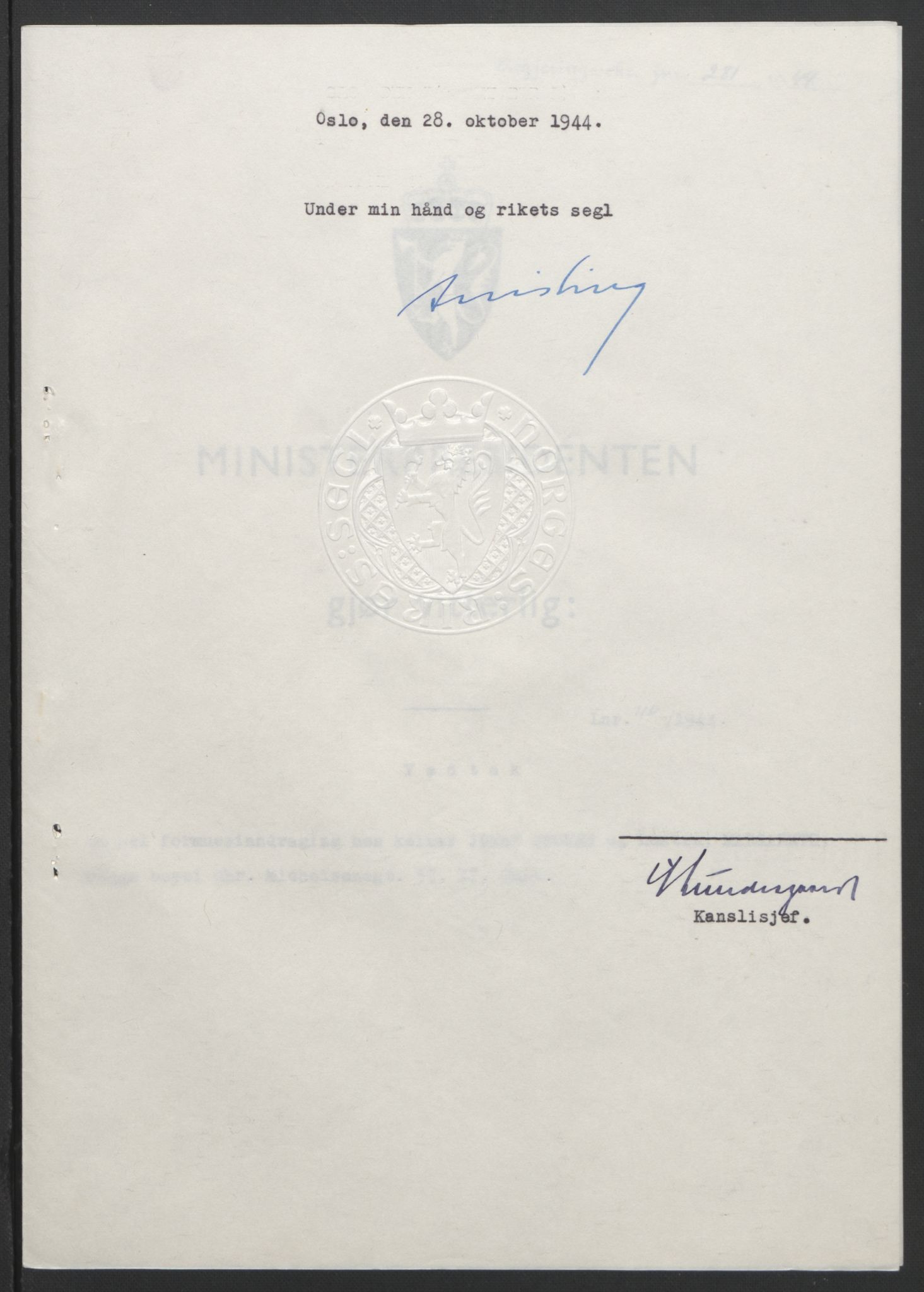 NS-administrasjonen 1940-1945 (Statsrådsekretariatet, de kommisariske statsråder mm), AV/RA-S-4279/D/Db/L0111/0003: Saker fra krigsårene / Journal, 1940-1945, p. 346