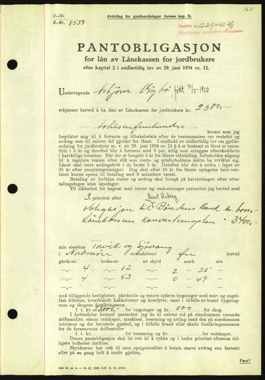 Nordmøre sorenskriveri, AV/SAT-A-4132/1/2/2Ca: Mortgage book no. B87, 1940-1941, Diary no: : 1229/1940