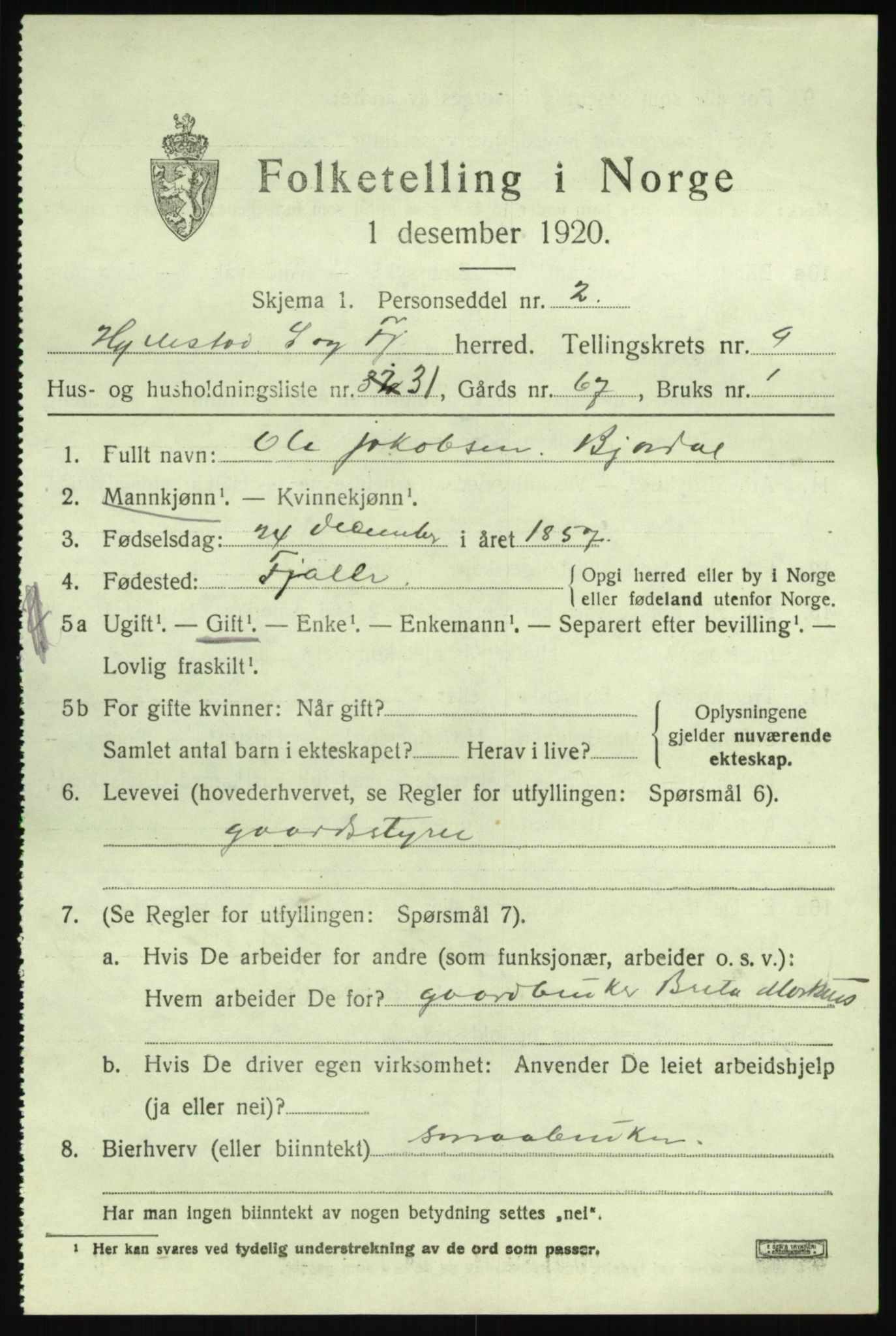 SAB, 1920 census for Hyllestad, 1920, p. 3810