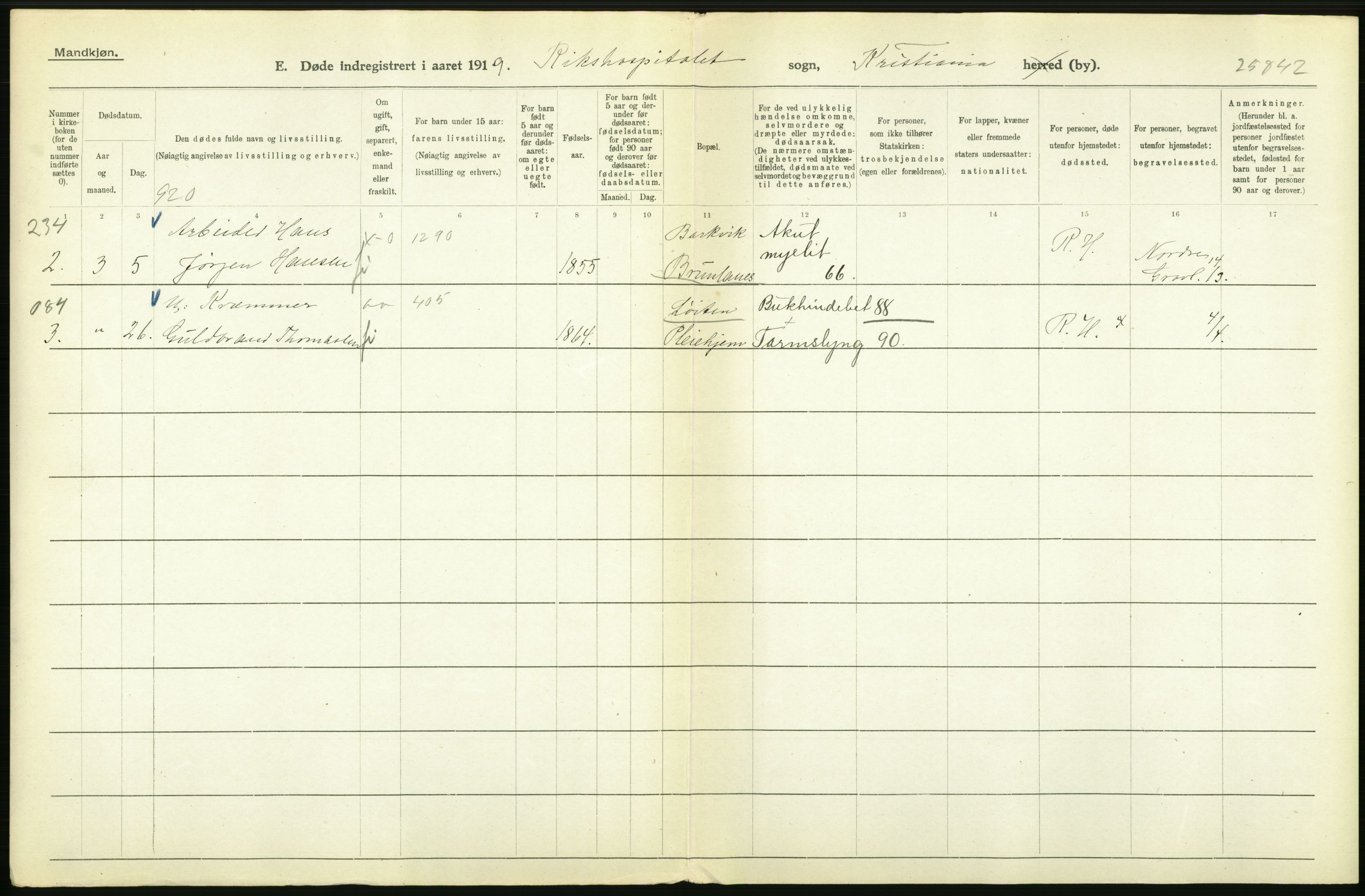 Statistisk sentralbyrå, Sosiodemografiske emner, Befolkning, RA/S-2228/D/Df/Dfb/Dfbi/L0010: Kristiania: Døde, 1919, p. 564