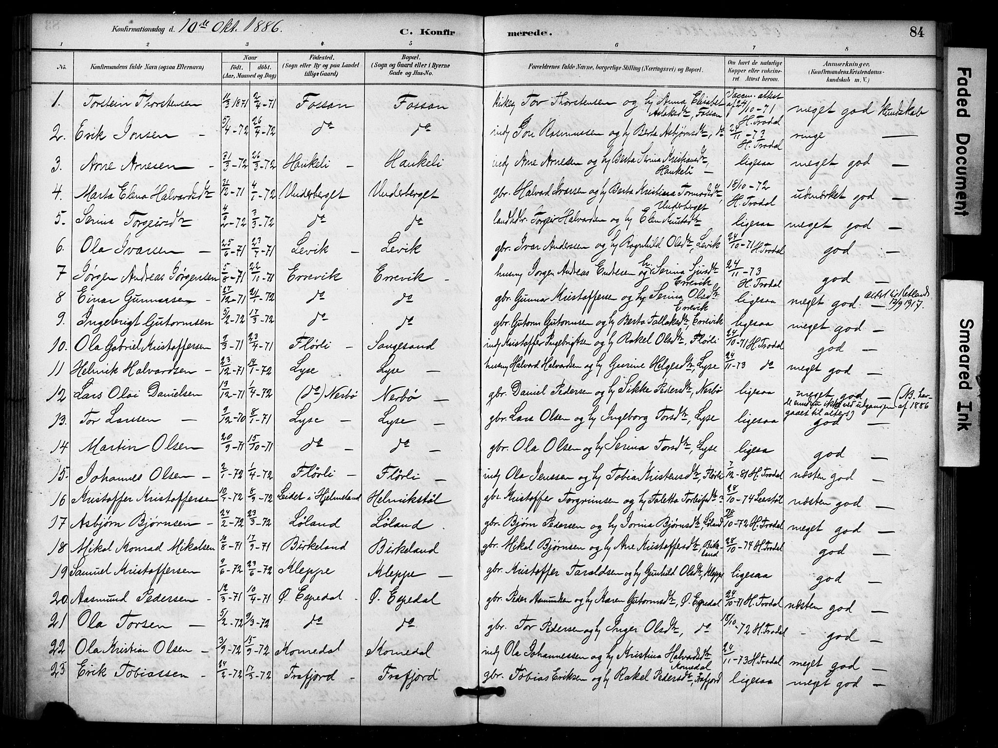 Høgsfjord sokneprestkontor, SAST/A-101624/H/Ha/Haa/L0006: Parish register (official) no. A 6, 1885-1897, p. 84