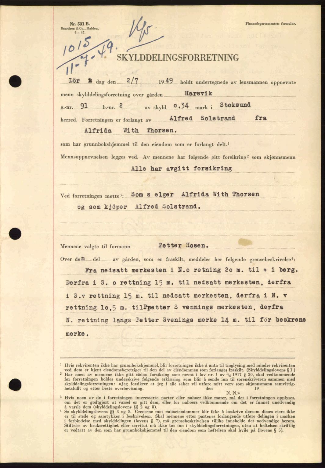 Fosen sorenskriveri, AV/SAT-A-1107/1/2/2C: Mortgage book no. A9, 1948-1949, Diary no: : 1015/1949