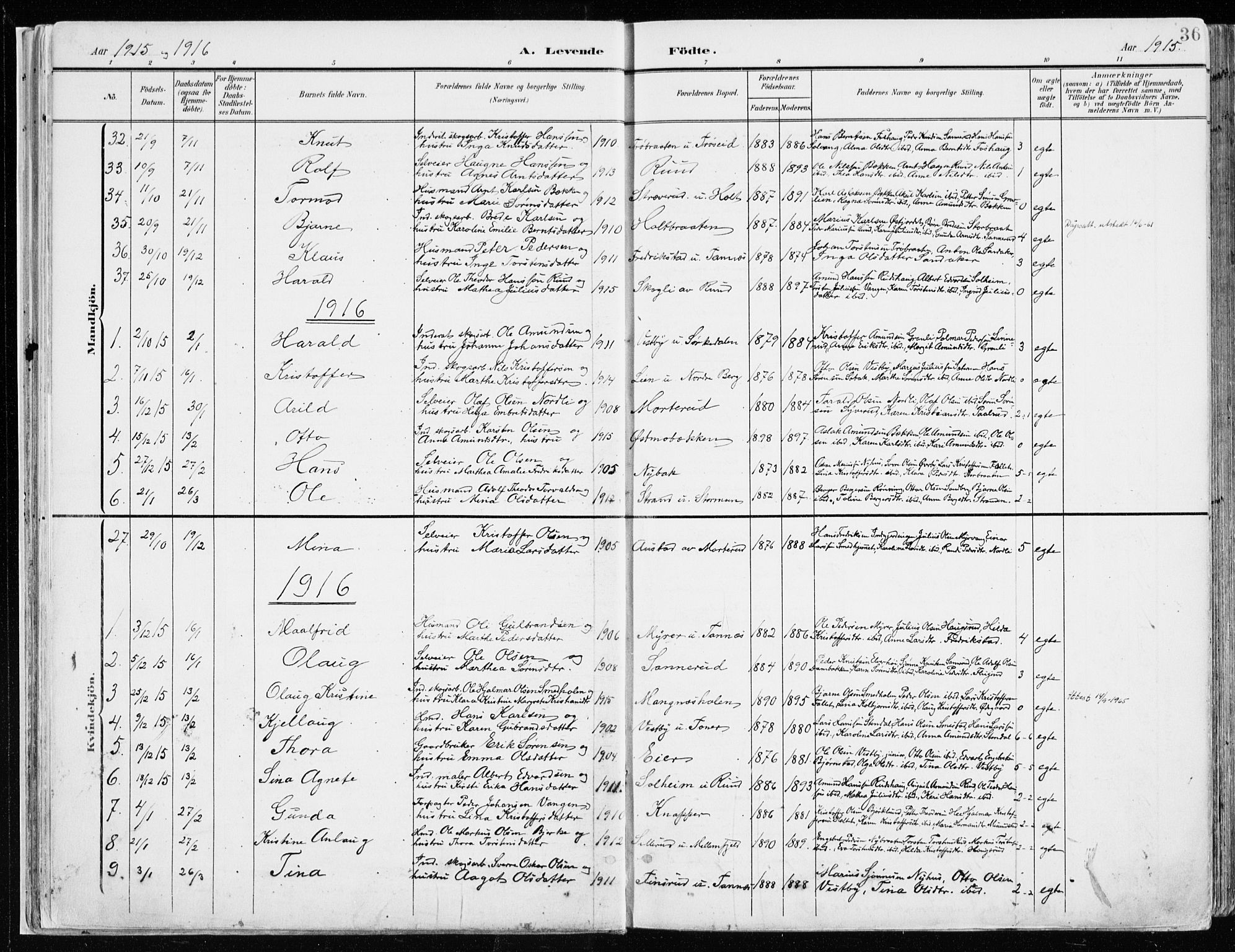 Nord-Odal prestekontor, SAH/PREST-032/H/Ha/Haa/L0009: Parish register (official) no. 9, 1902-1926, p. 36