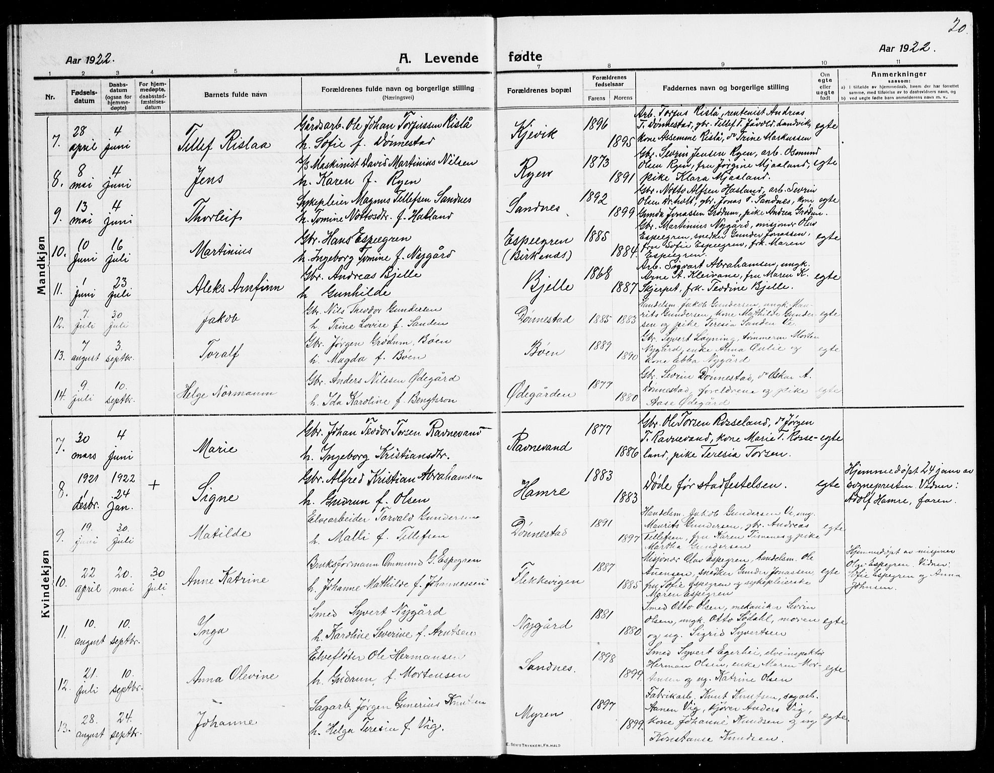 Tveit sokneprestkontor, AV/SAK-1111-0043/F/Fb/L0005: Parish register (copy) no. B 5, 1915-1941, p. 20