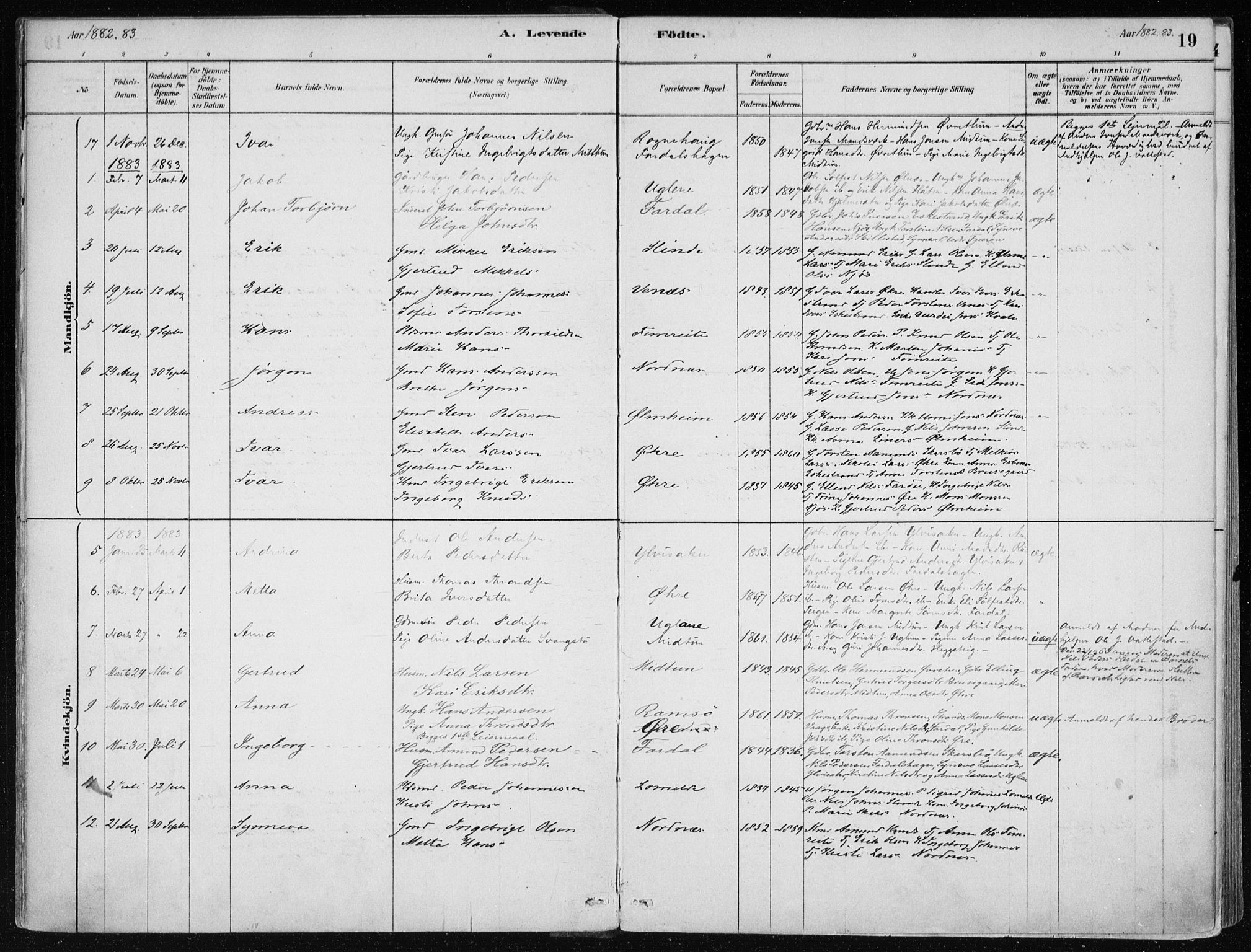 Sogndal sokneprestembete, SAB/A-81301/H/Haa/Haac/L0001: Parish register (official) no. C 1, 1878-1907, p. 19