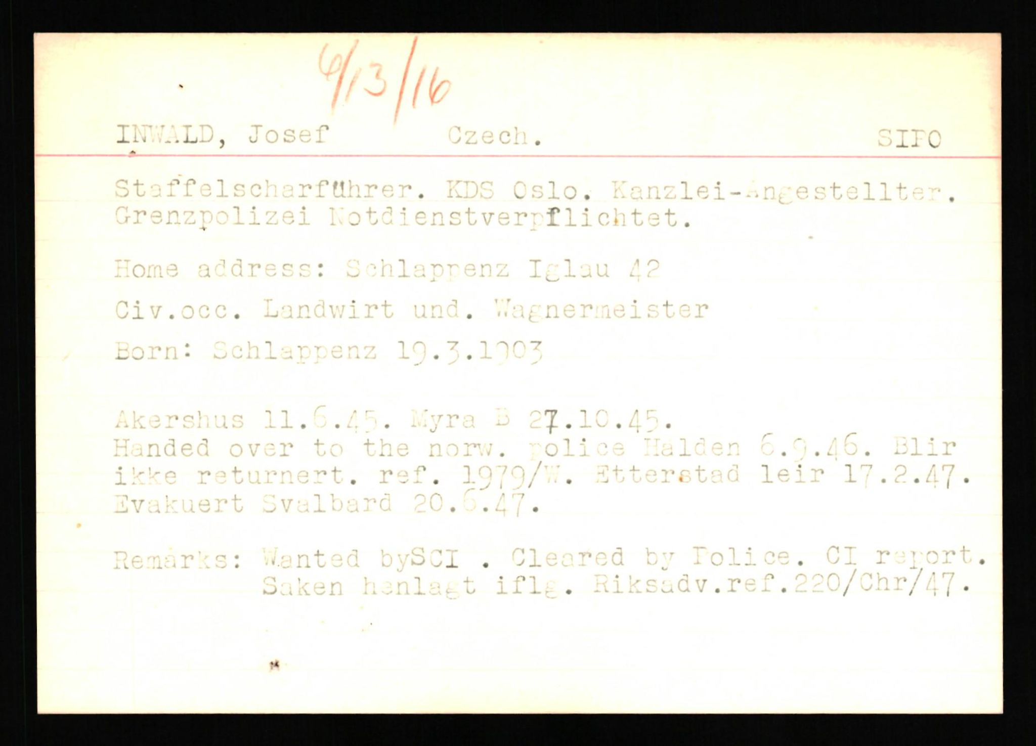 Forsvaret, Forsvarets overkommando II, RA/RAFA-3915/D/Db/L0041: CI Questionaires.  Diverse nasjonaliteter., 1945-1946, p. 229