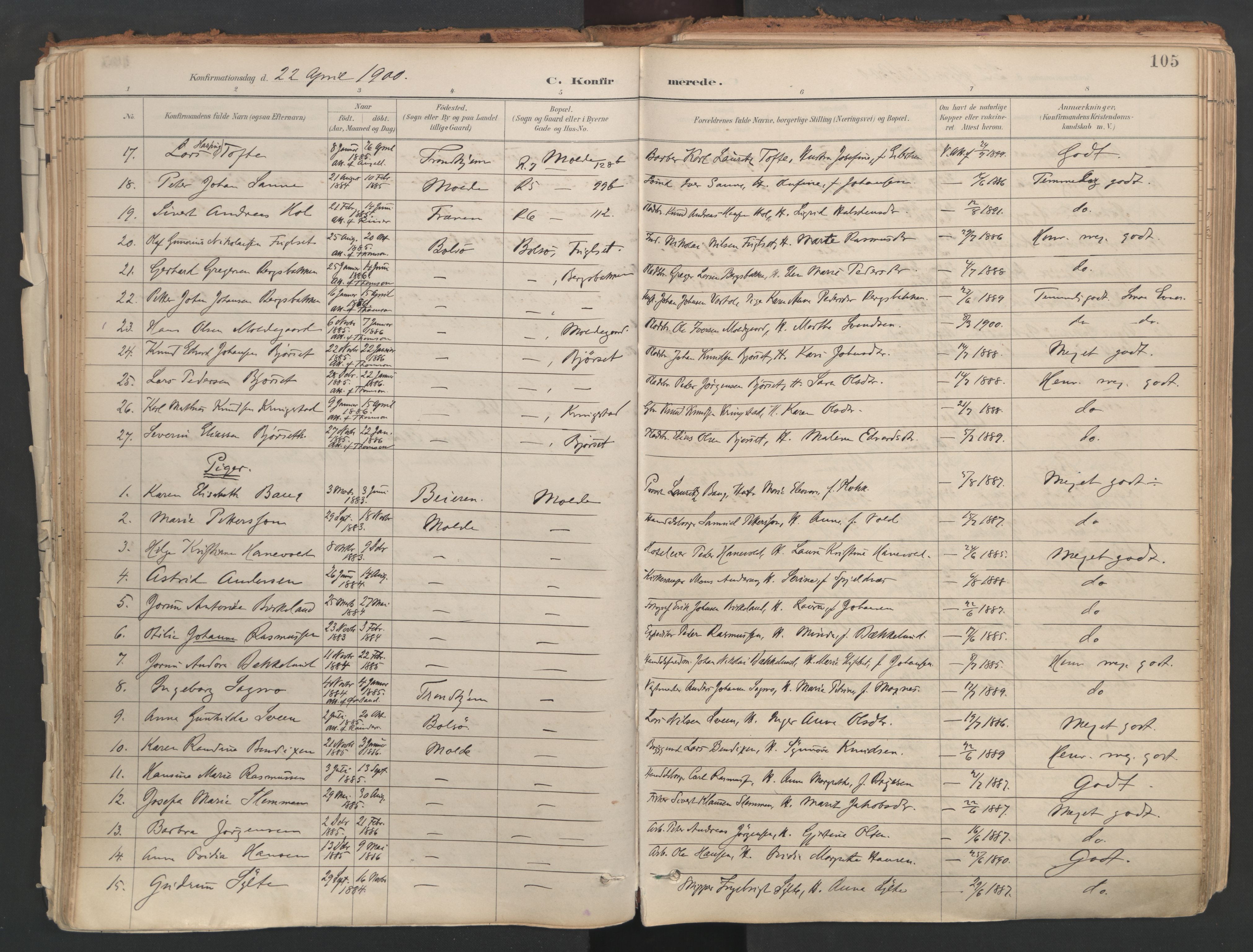 Ministerialprotokoller, klokkerbøker og fødselsregistre - Møre og Romsdal, AV/SAT-A-1454/558/L0692: Parish register (official) no. 558A06, 1887-1971, p. 105