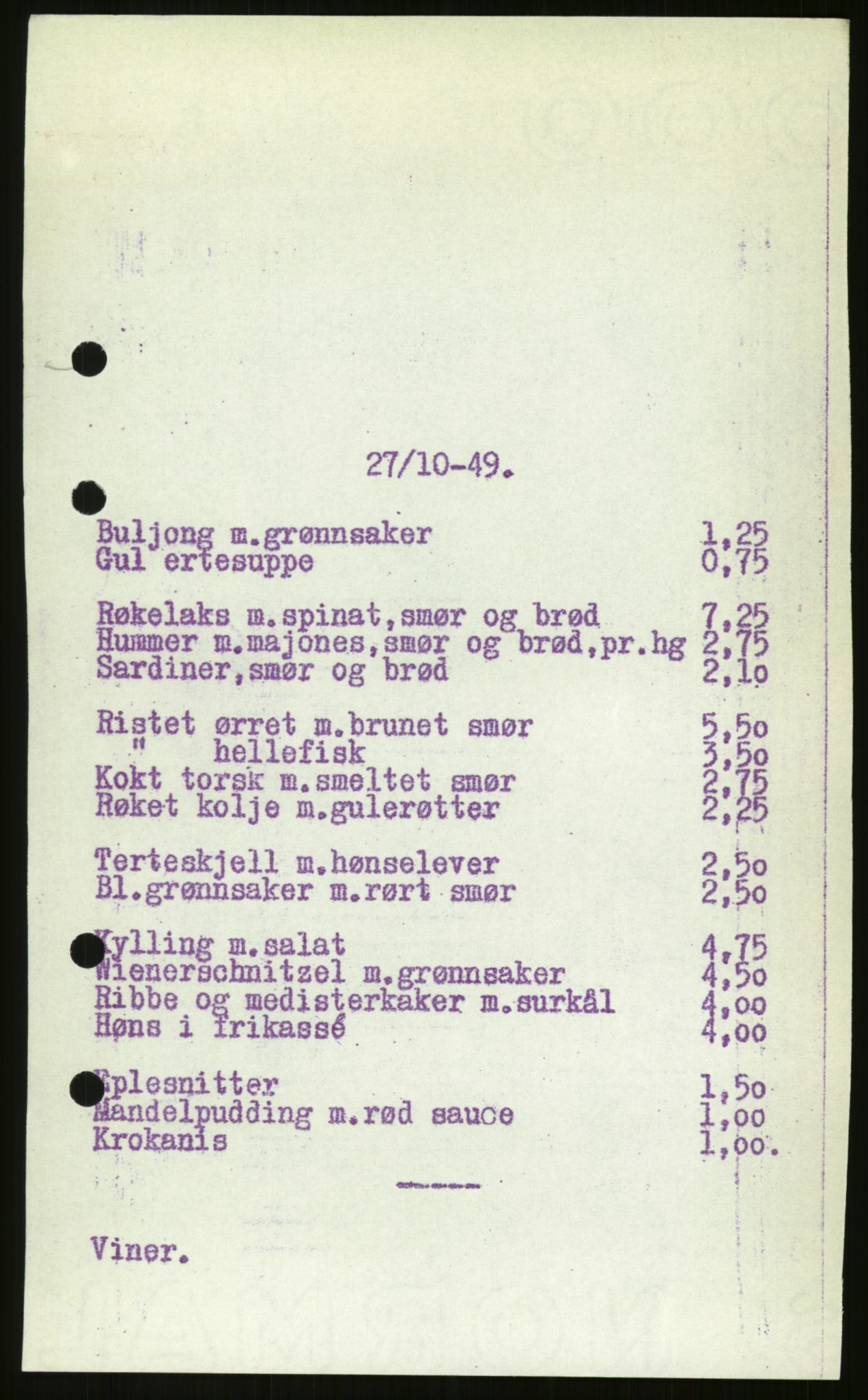 Norsk Spisevognselskap A/S, AV/RA-PA-1528/F/Fc/L0001/0003: -- / Meny, 1949