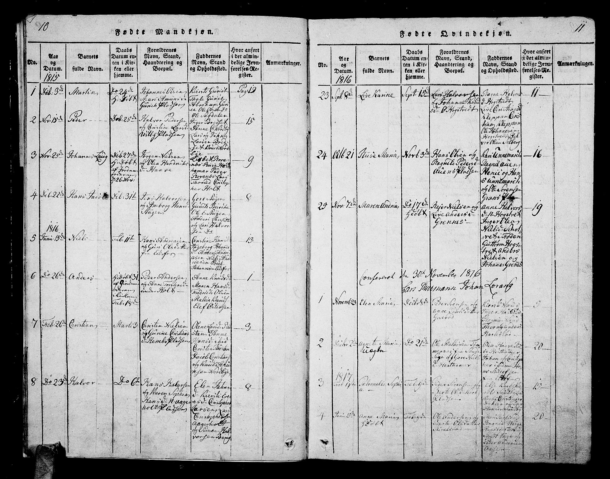 Hof kirkebøker, AV/SAKO-A-64/G/Ga/L0001: Parish register (copy) no. I 1, 1814-1844, p. 10-11