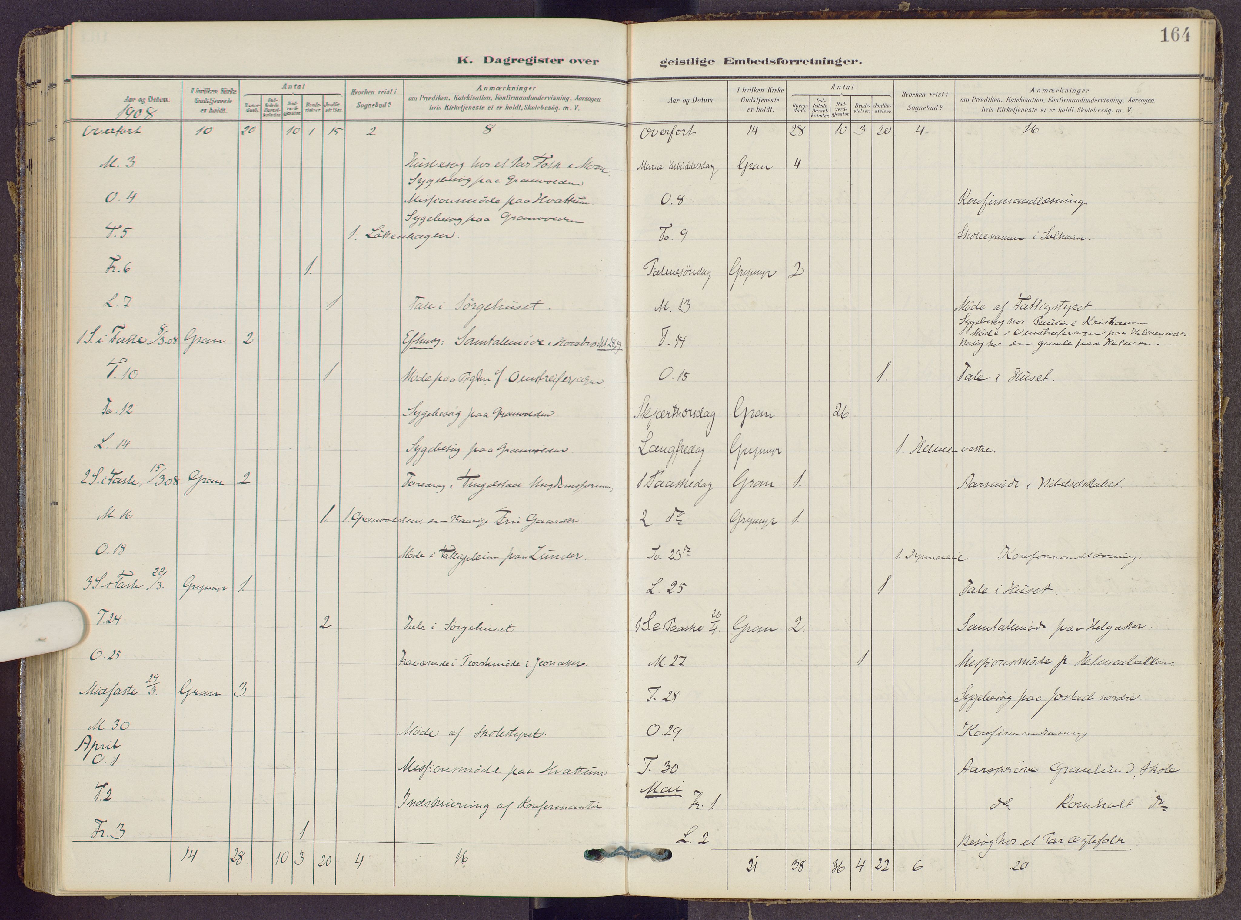 Gran prestekontor, SAH/PREST-112/H/Ha/Haa/L0022: Parish register (official) no. 22, 1908-1918, p. 164