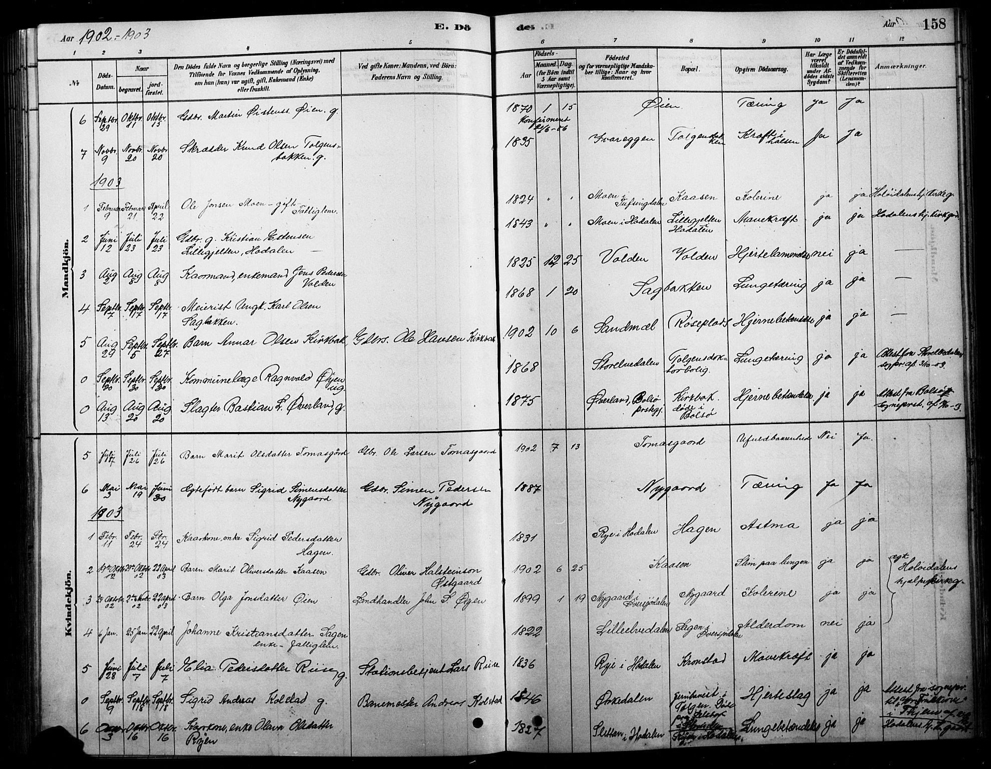 Tolga prestekontor, SAH/PREST-062/L/L0007: Parish register (copy) no. 7, 1878-1919, p. 158