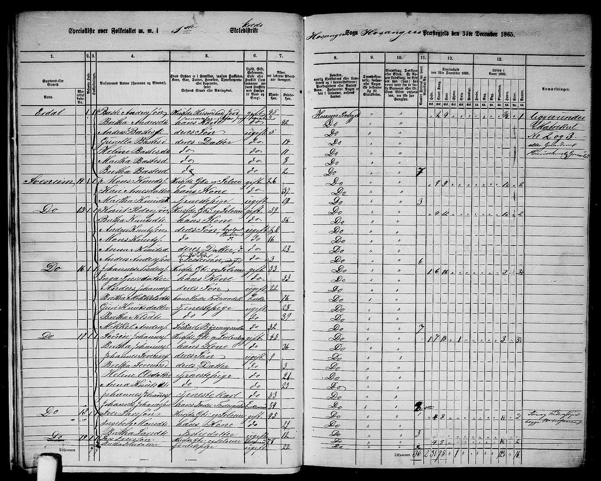 RA, 1865 census for Hosanger, 1865, p. 22