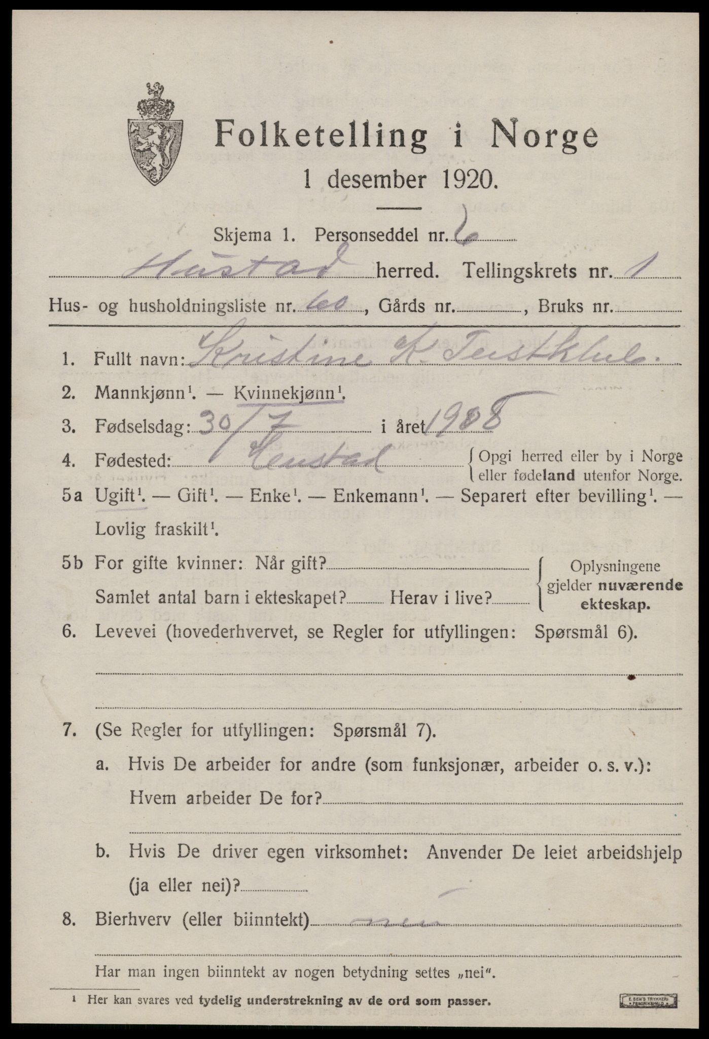 SAT, 1920 census for Hustad, 1920, p. 1487