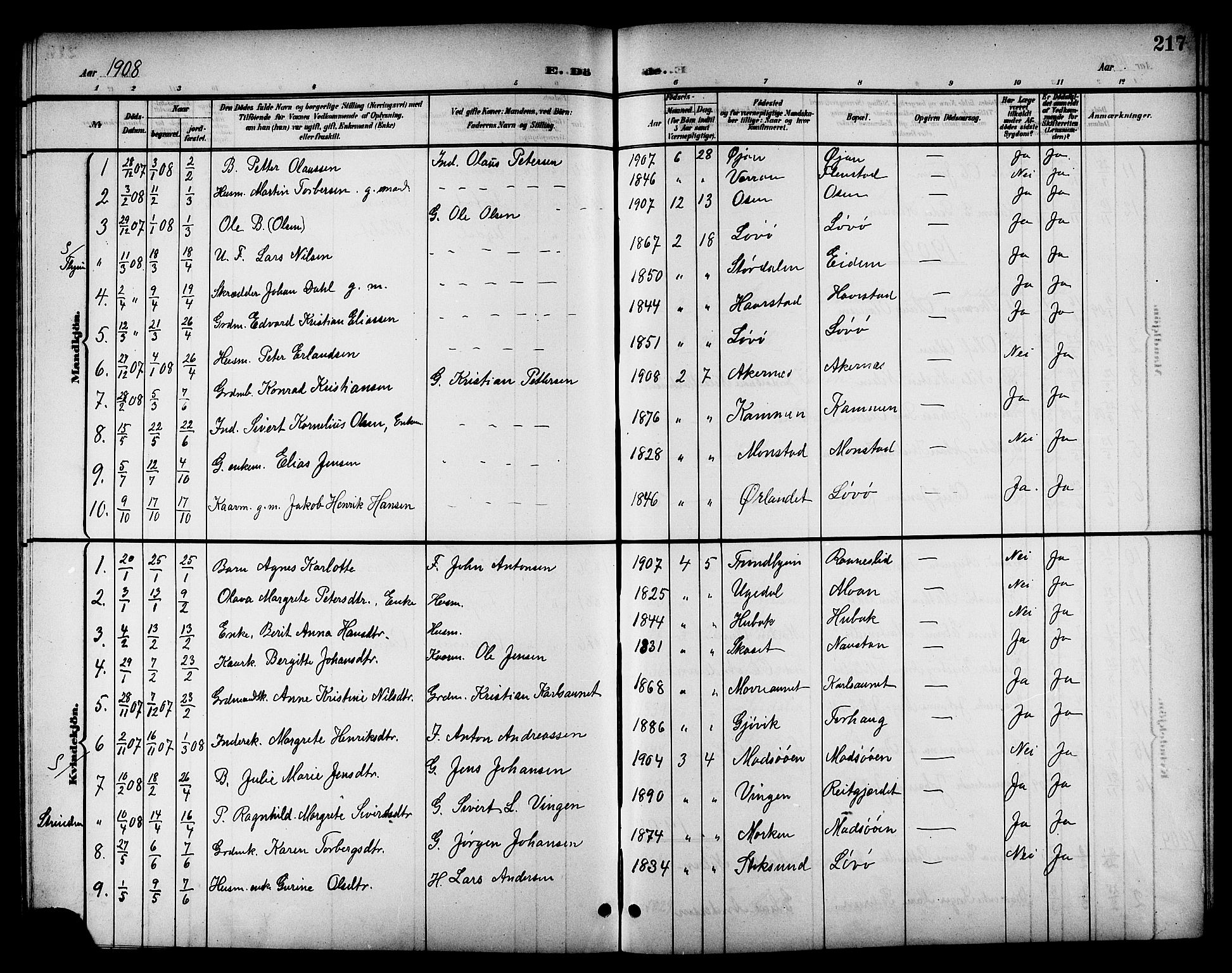 Ministerialprotokoller, klokkerbøker og fødselsregistre - Sør-Trøndelag, SAT/A-1456/655/L0688: Parish register (copy) no. 655C04, 1899-1922, p. 217