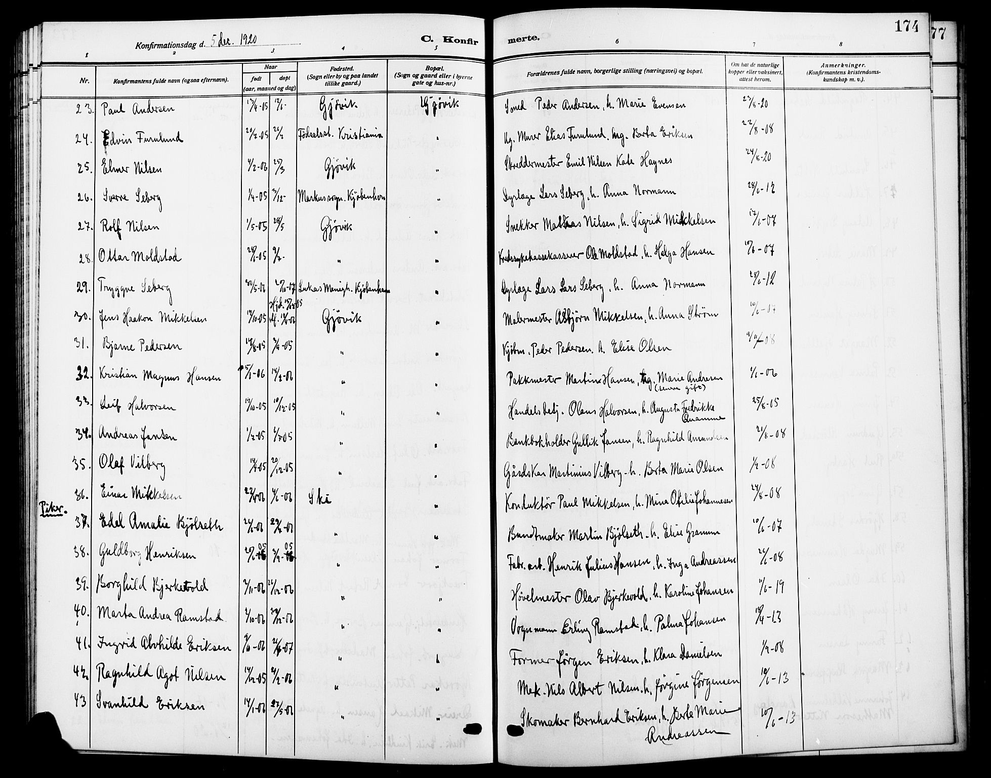 Vardal prestekontor, SAH/PREST-100/H/Ha/Hab/L0014: Parish register (copy) no. 14, 1911-1922, p. 174