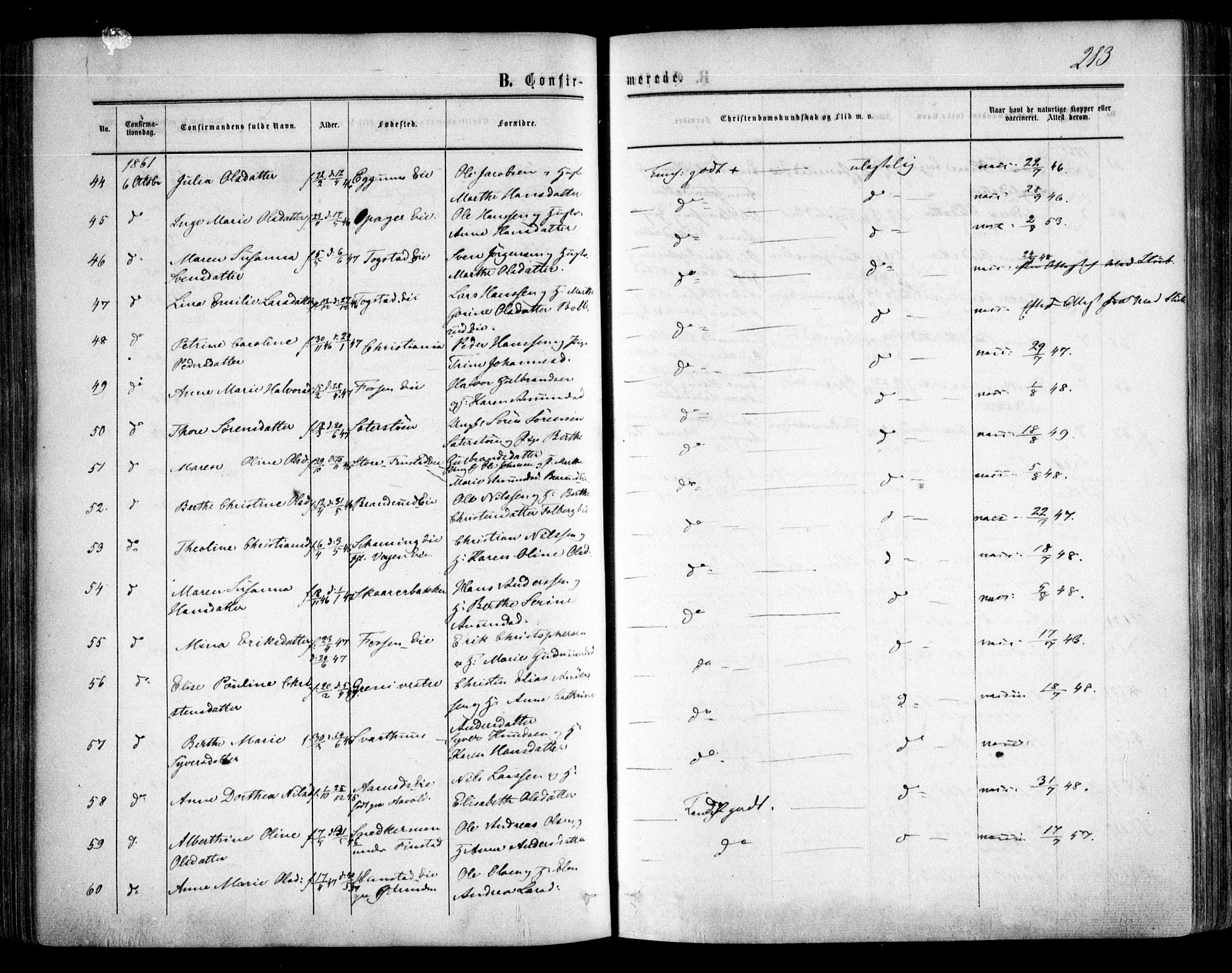 Nes prestekontor Kirkebøker, AV/SAO-A-10410/F/Fa/L0008: Parish register (official) no. I 8, 1859-1874, p. 213