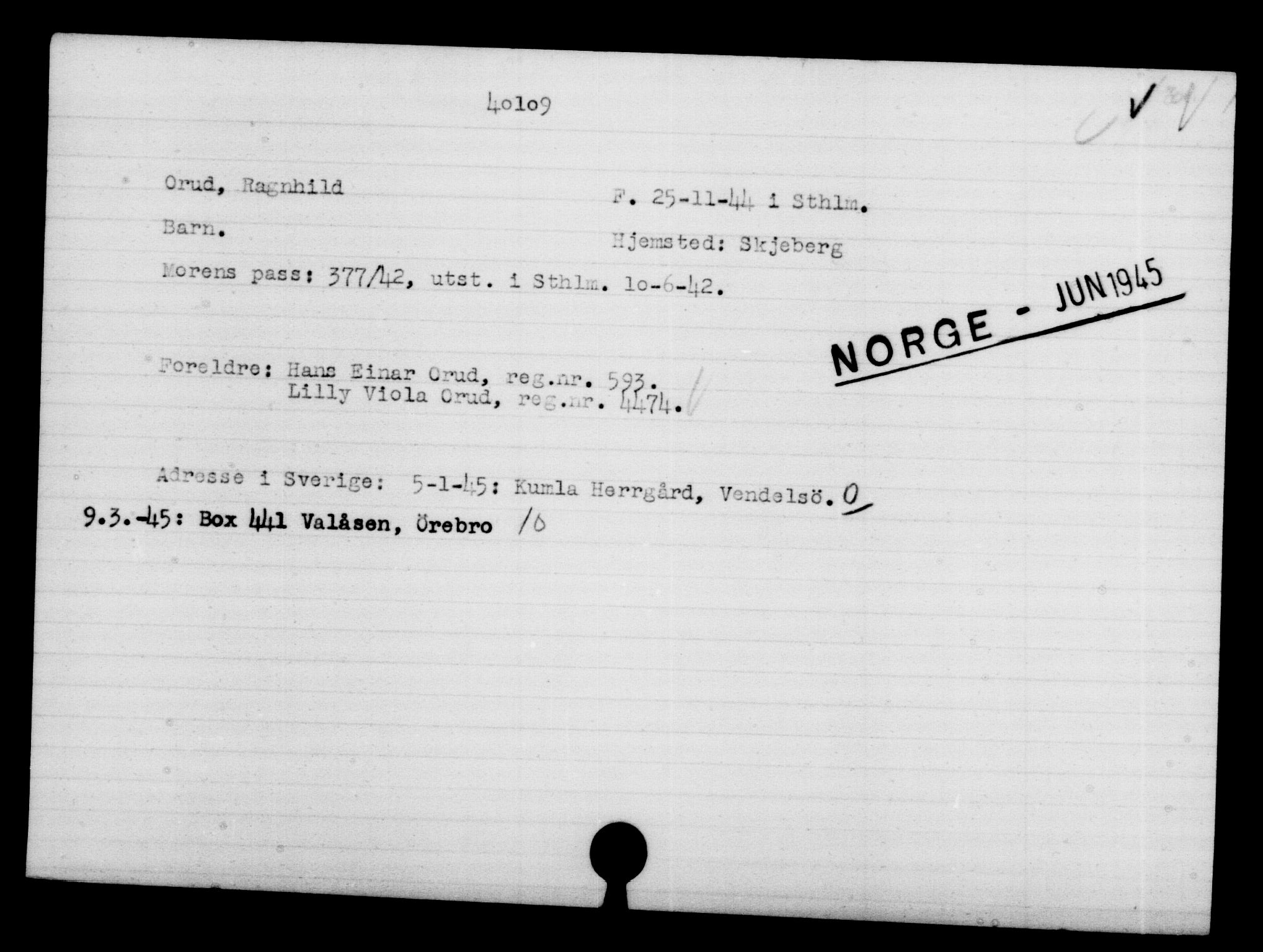 Utenriksstasjonene, Legasjonen i Stockholm, Flyktningkontoret, AV/RA-S-6753/V/Va/L0015: Kjesäterkartoteket, flyktninger med registreringsnr. 37800-40770, 1940-1945, p. 2405