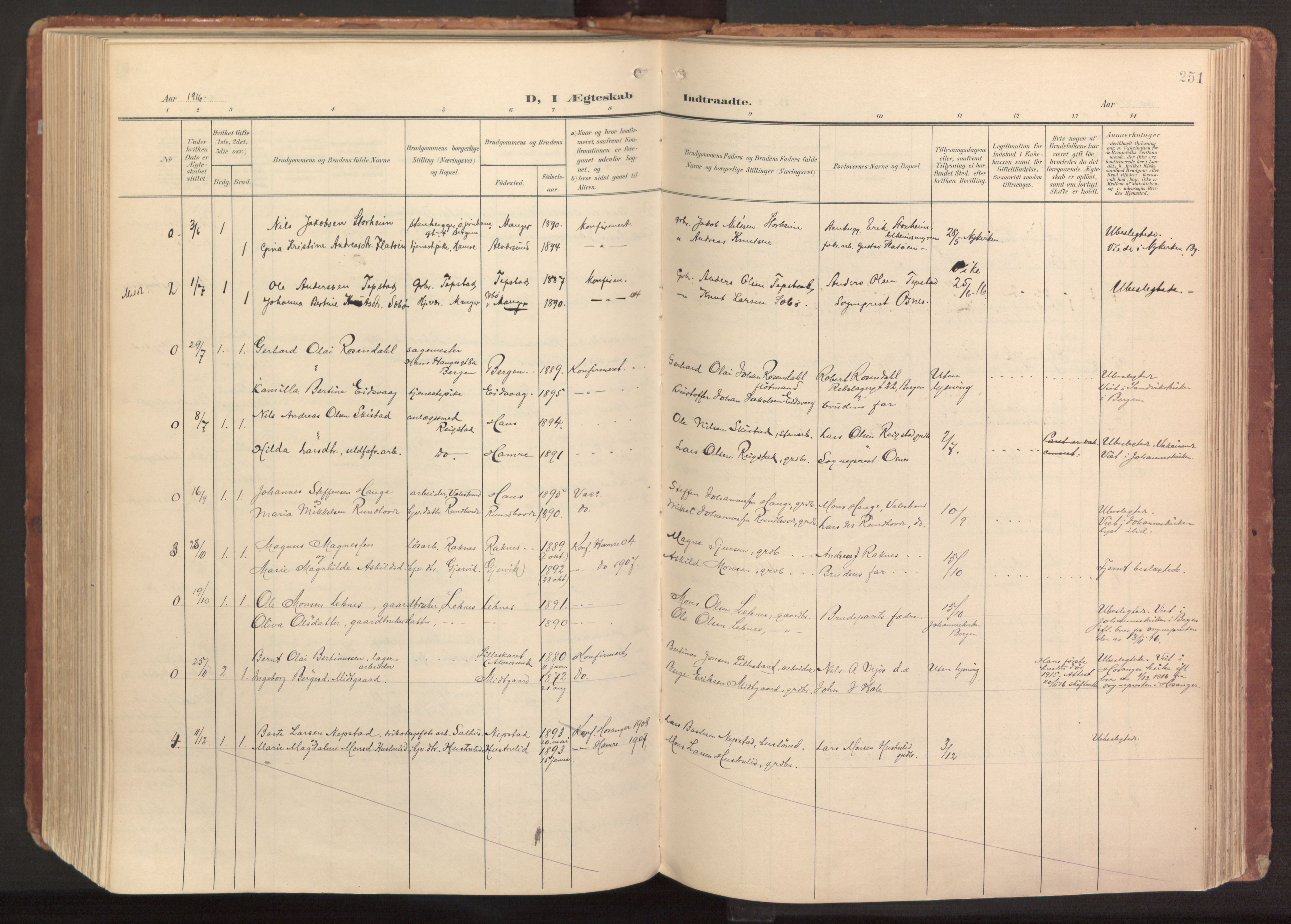 Hamre sokneprestembete, AV/SAB-A-75501/H/Ha/Haa/Haab/L0002: Parish register (official) no. B 2, 1905-1924, p. 251