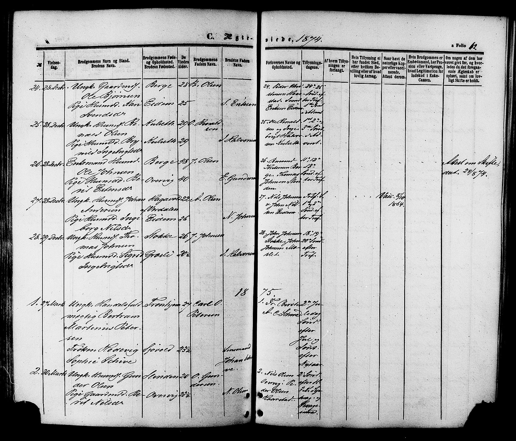 Ministerialprotokoller, klokkerbøker og fødselsregistre - Sør-Trøndelag, SAT/A-1456/695/L1147: Parish register (official) no. 695A07, 1860-1877, p. 42