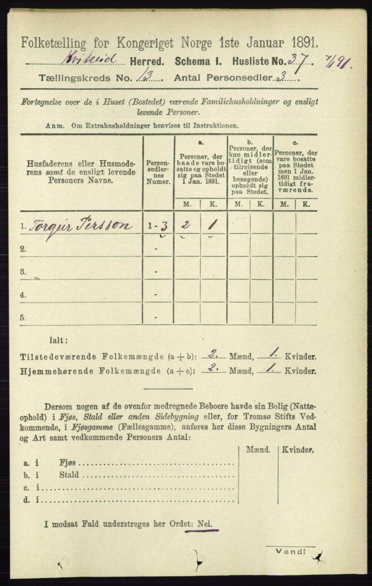 RA, 1891 census for 0829 Kviteseid, 1891, p. 3076