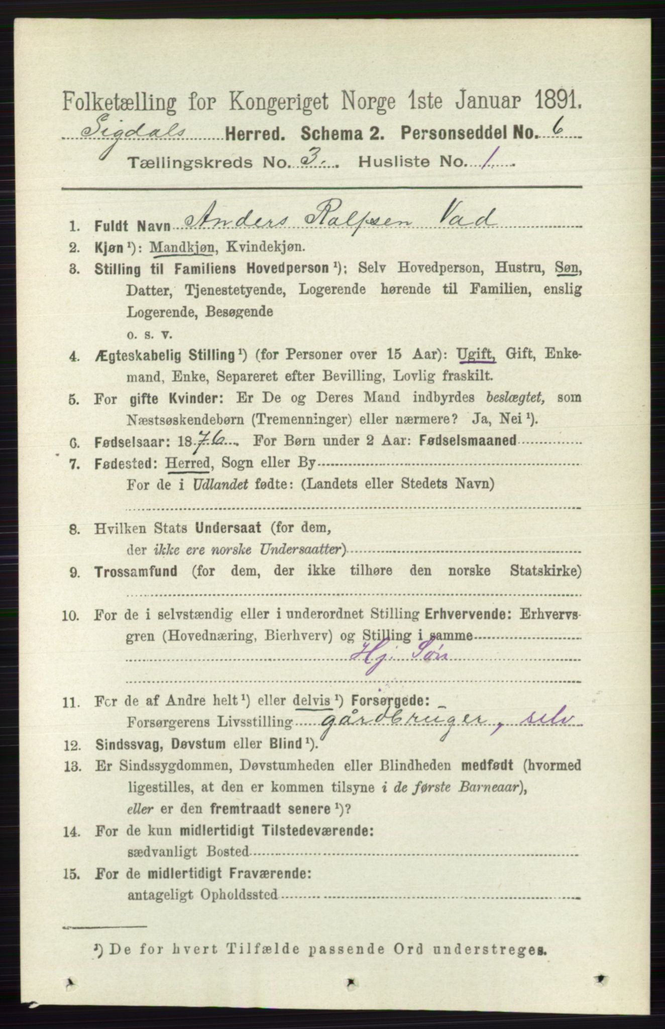 RA, 1891 census for 0621 Sigdal, 1891, p. 1343