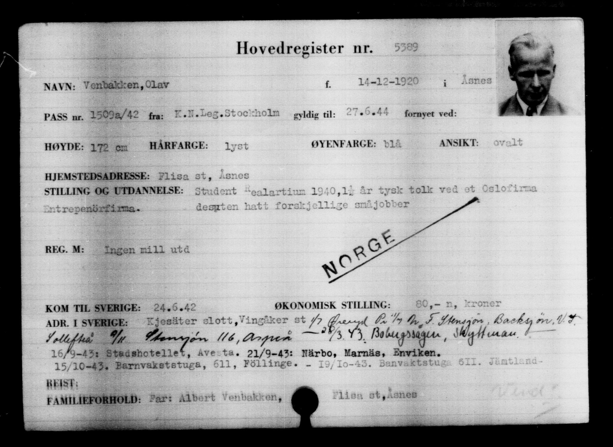Utenriksstasjonene, Legasjonen i Stockholm, Flyktningkontoret, AV/RA-S-6753/V/Va/L0004: Kjesäterkartoteket, flyktninger med registreringsnr. 3496-6610, 1940-1945, p. 2184