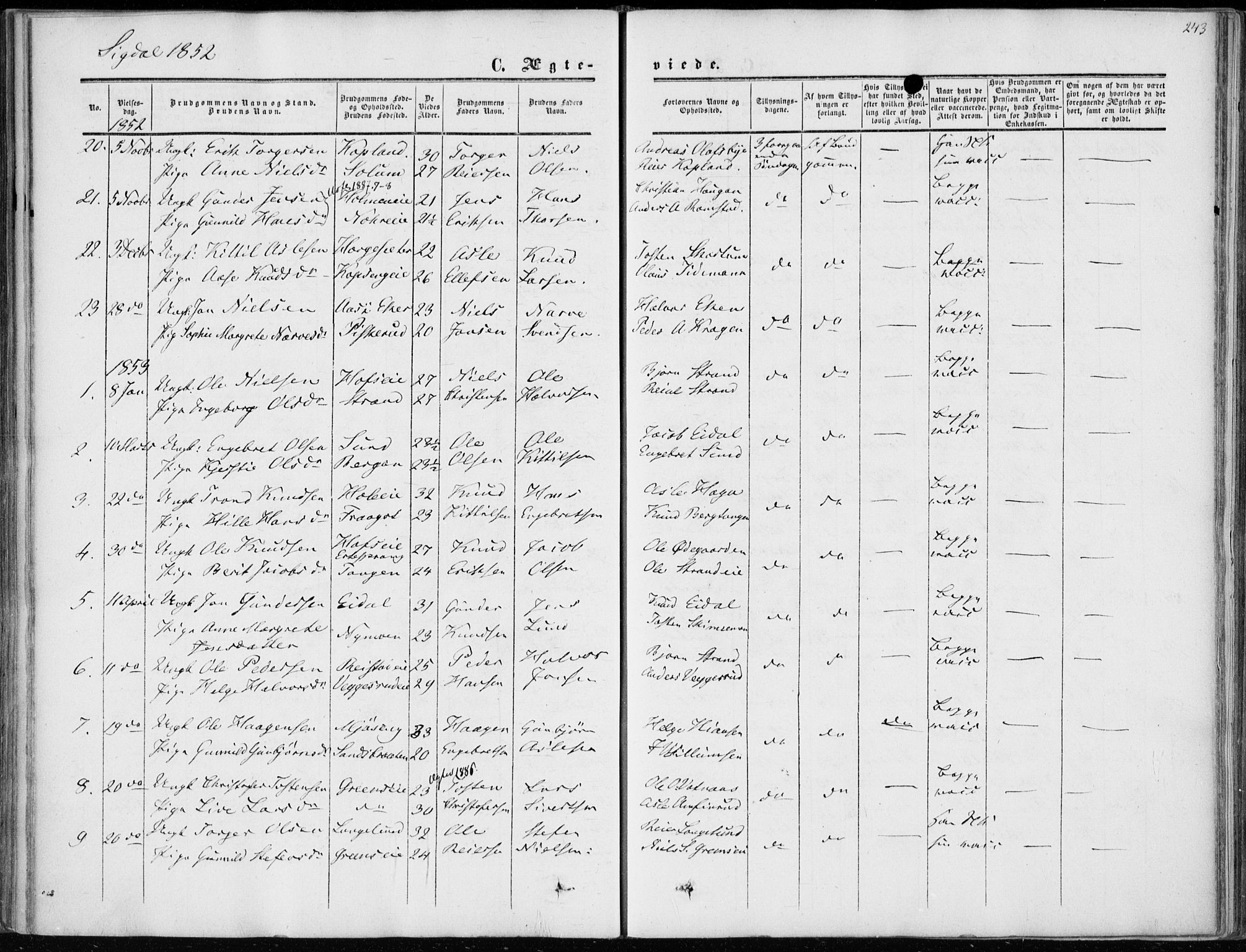 Sigdal kirkebøker, SAKO/A-245/F/Fa/L0008: Parish register (official) no. I 8, 1850-1859, p. 243