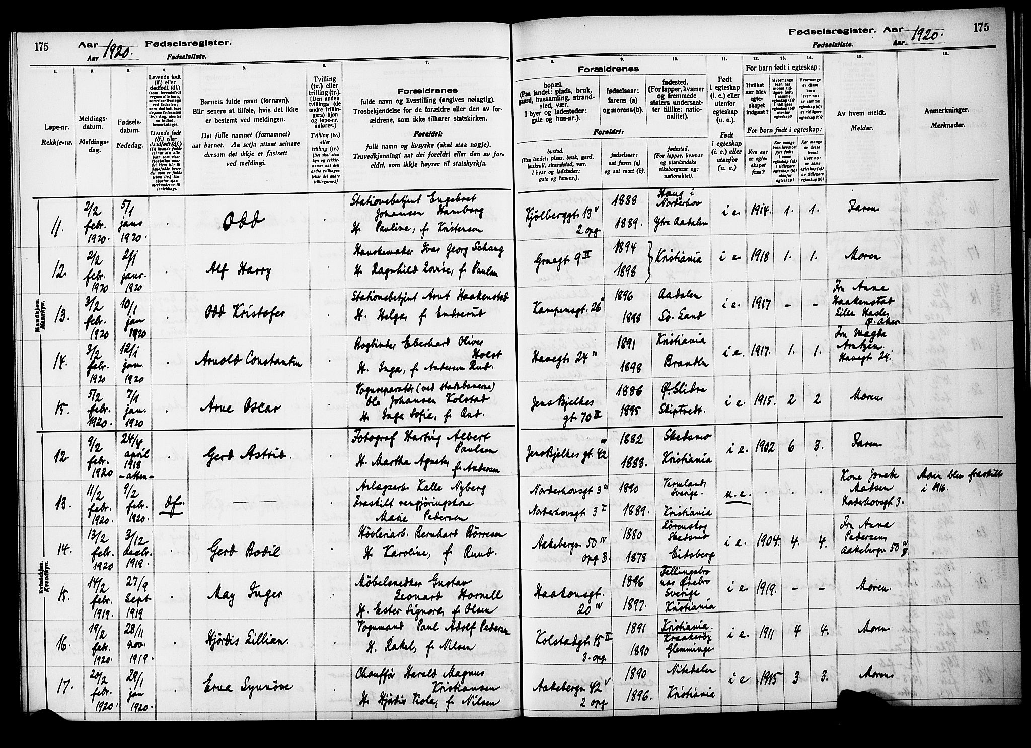 Kampen prestekontor Kirkebøker, AV/SAO-A-10853/J/Ja/L0001: Birth register no. 1, 1916-1920, p. 175