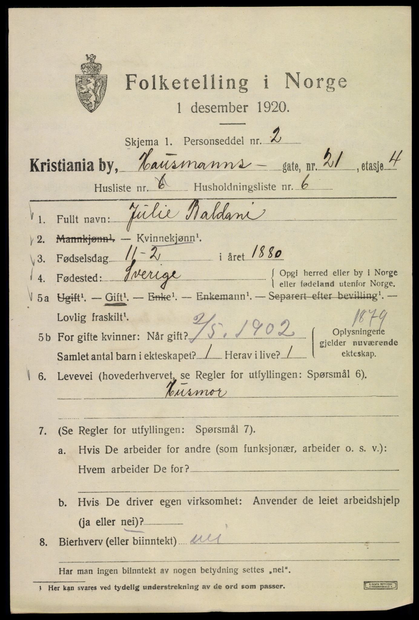 SAO, 1920 census for Kristiania, 1920, p. 273067