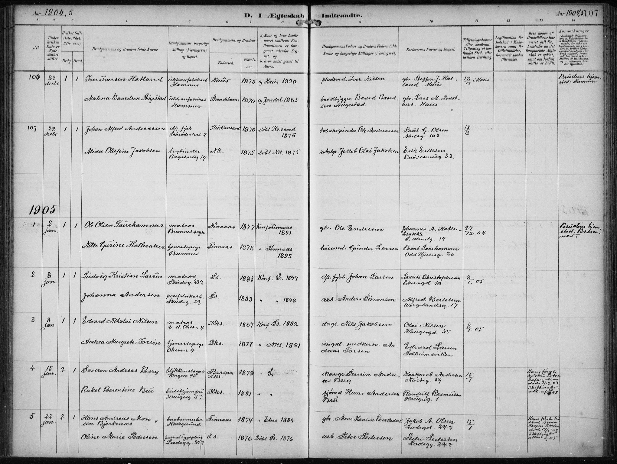 Sandviken Sokneprestembete, SAB/A-77601/H/Ha/L0014: Parish register (official) no. D 1, 1896-1911, p. 107