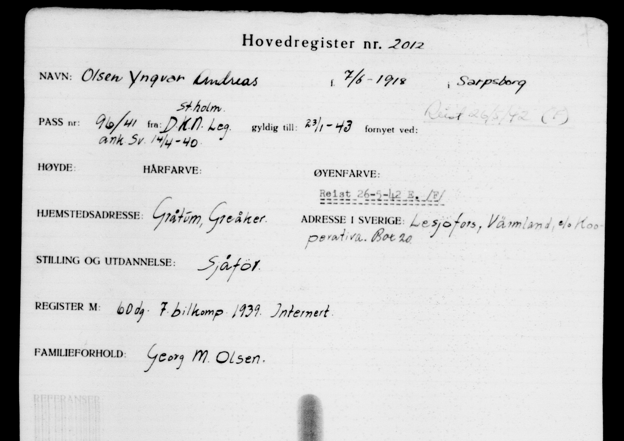 Utenriksstasjonene, Legasjonen i Stockholm, Flyktningkontoret, AV/RA-S-6753/V/Va/L0003: Kjesäterkartoteket, flyktninger med registreringsnr. 2001-3495, 1940-1945, p. 17