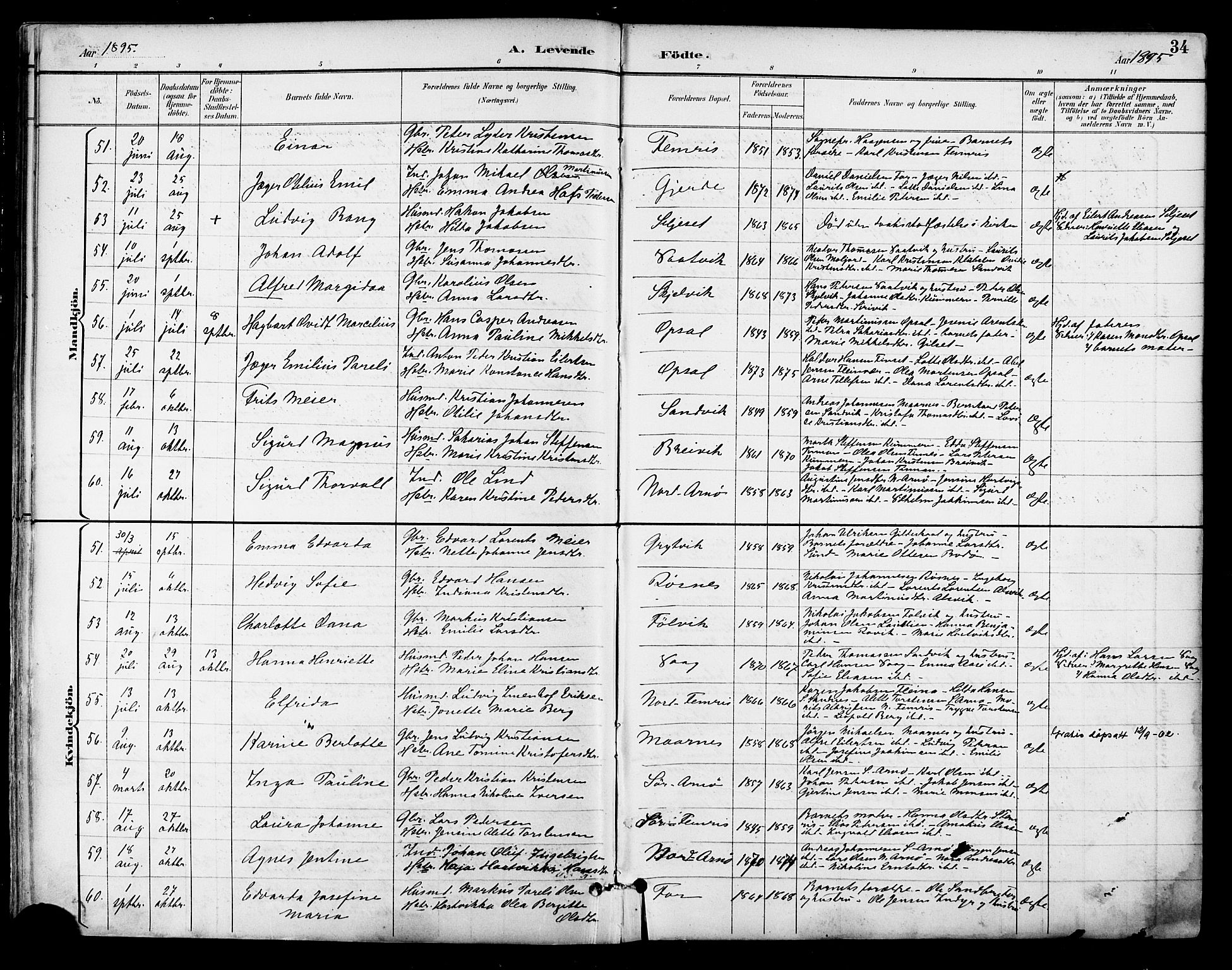 Ministerialprotokoller, klokkerbøker og fødselsregistre - Nordland, SAT/A-1459/805/L0101: Parish register (official) no. 805A07, 1892-1899, p. 34