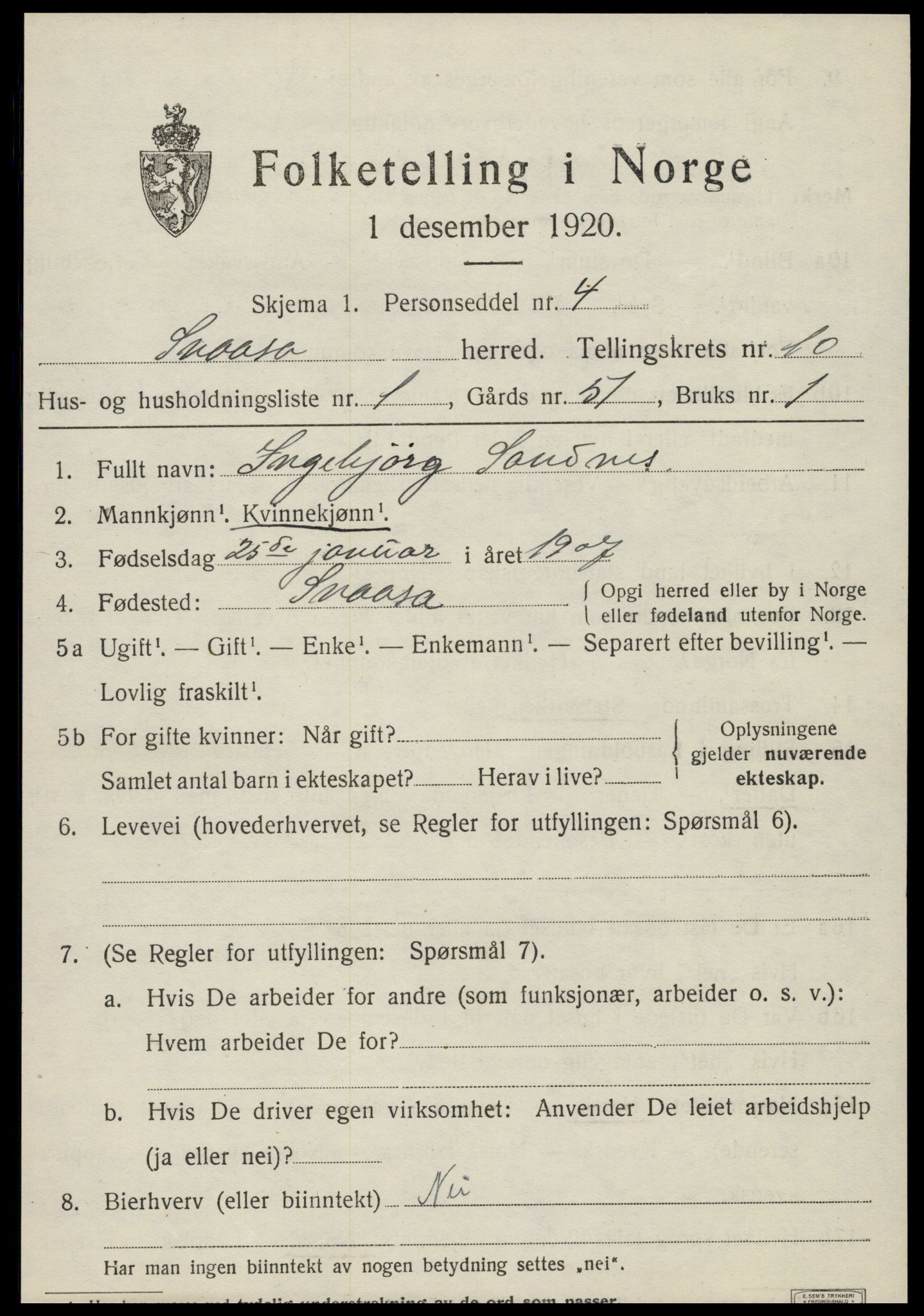 SAT, 1920 census for Snåsa, 1920, p. 4336