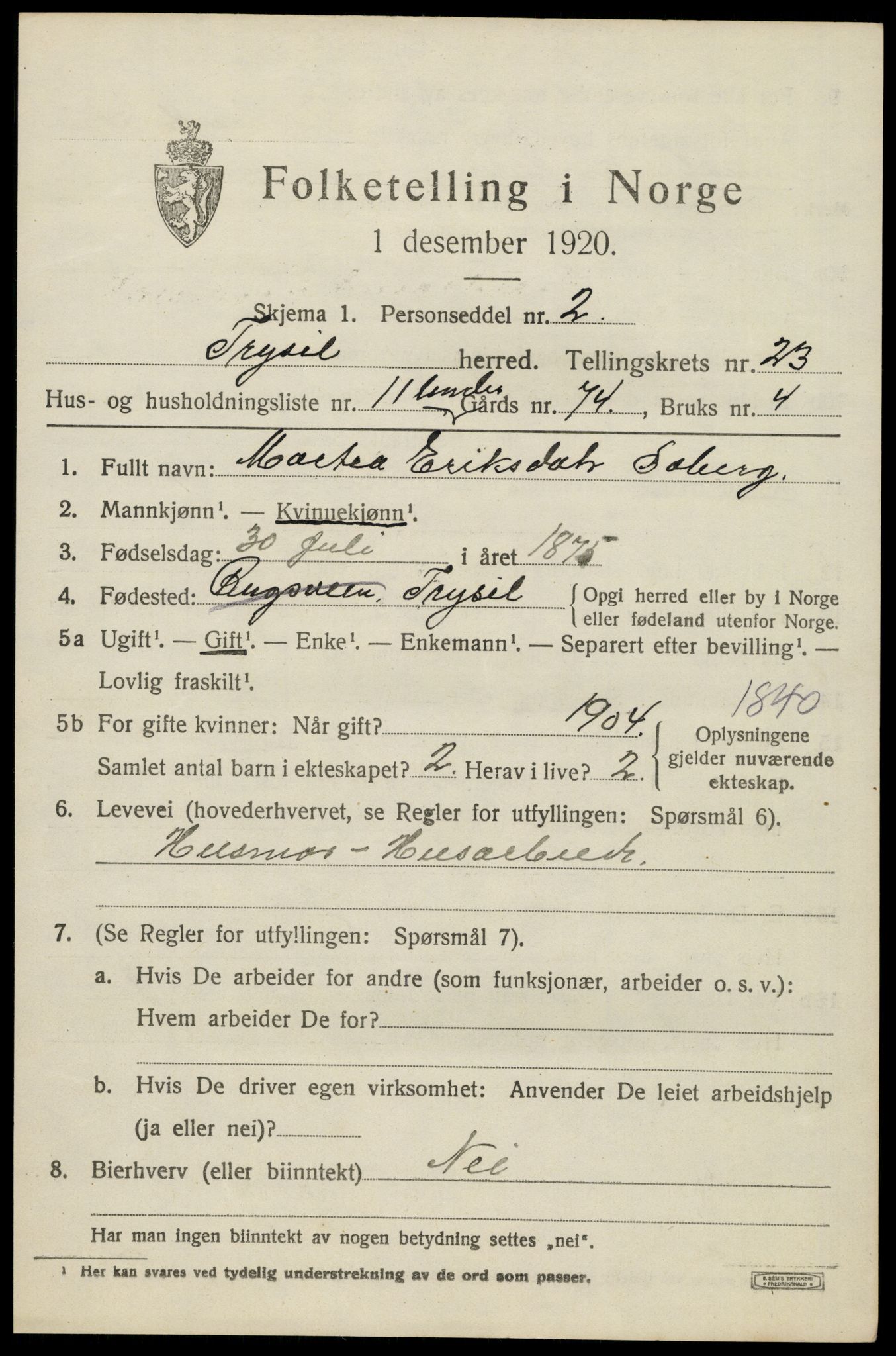 SAH, 1920 census for Trysil, 1920, p. 14967