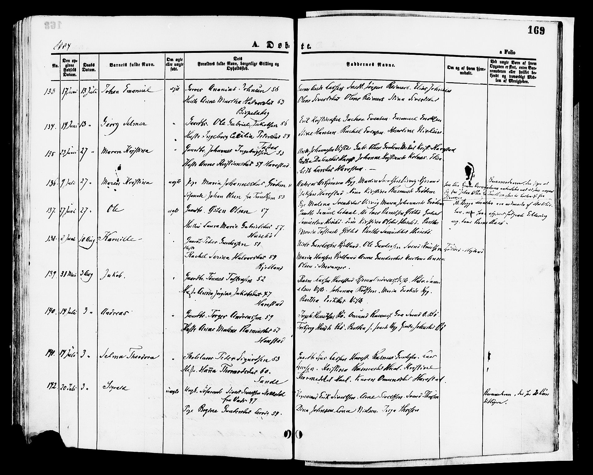 Hetland sokneprestkontor, AV/SAST-A-101826/30/30BA/L0008: Parish register (official) no. A 8, 1877-1884, p. 169