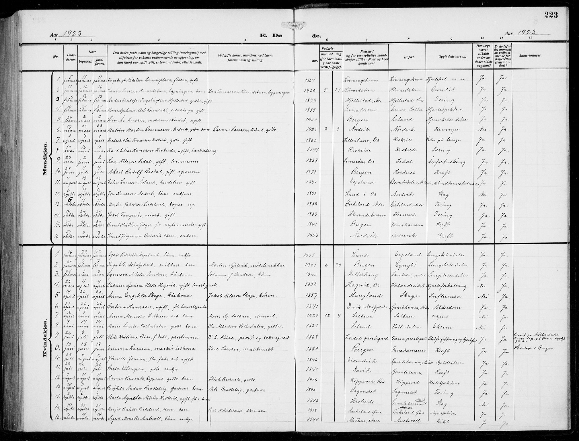 Fana Sokneprestembete, AV/SAB-A-75101/H/Hab/Haba/L0005: Parish register (copy) no. A 5, 1911-1932, p. 223